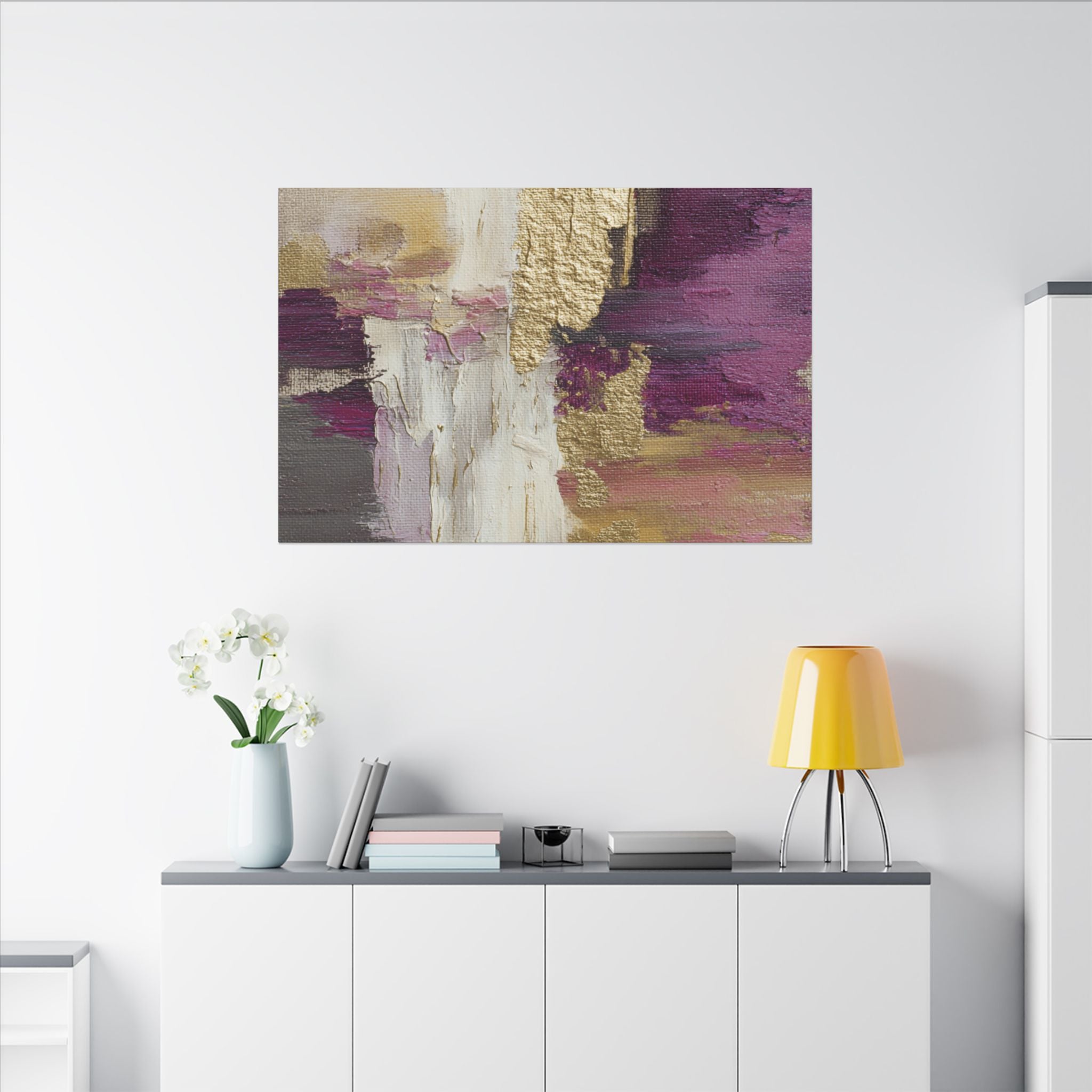 Purple & Muted Gold Abstract Canvas Wall Art – Modern Luxe Minimalist Painting Print