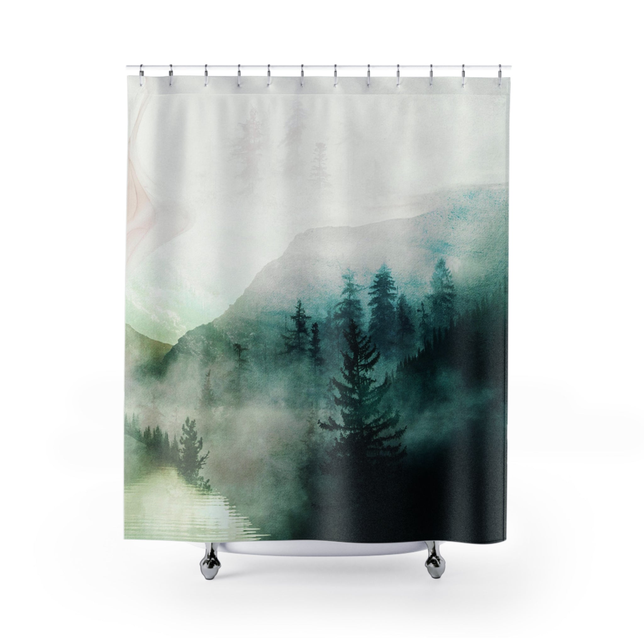 Boho Shower Curtain | Abstract Nature, Teal Sage Green Pine