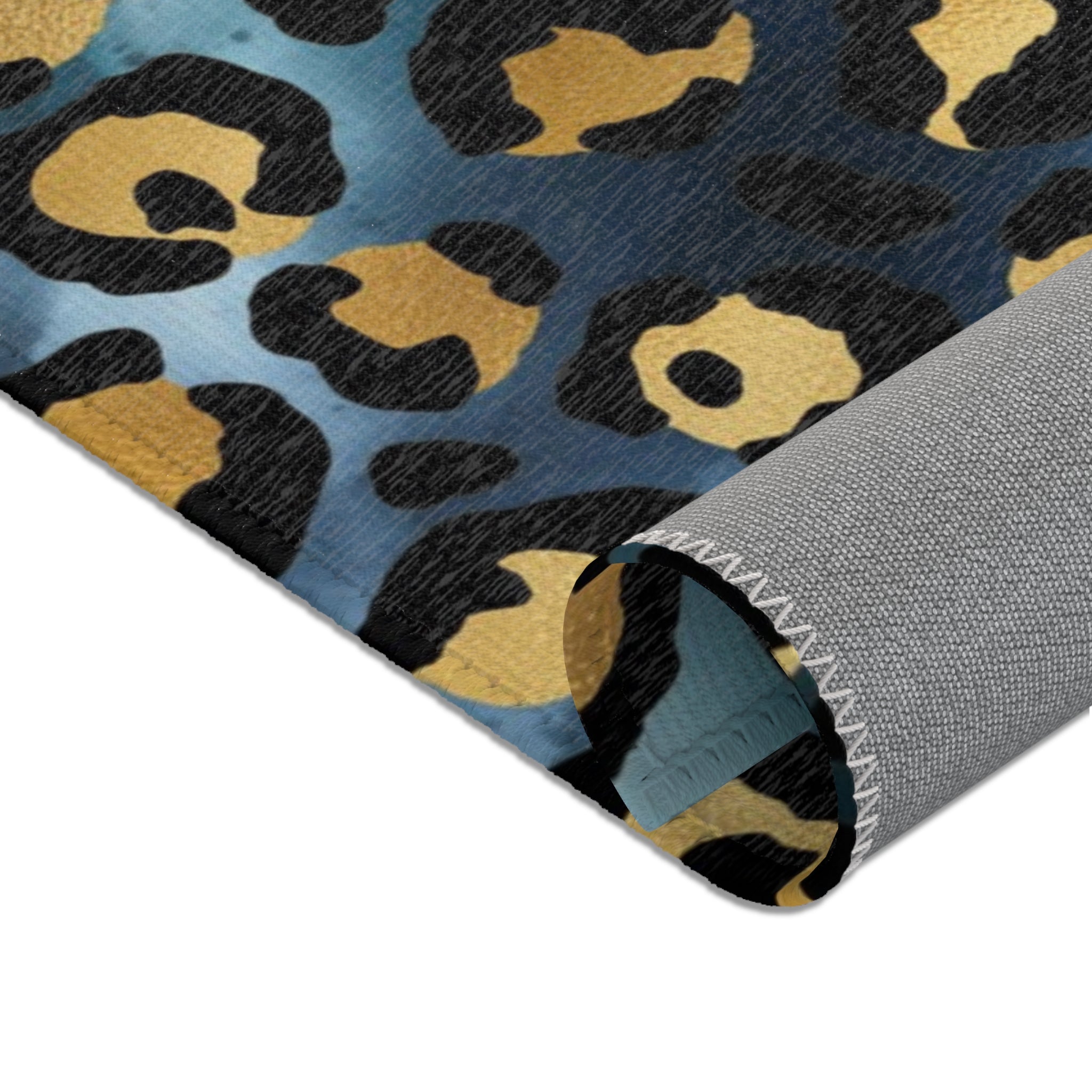 Boho Area Rug | Teal Blue Grey, Black Beige Leopard