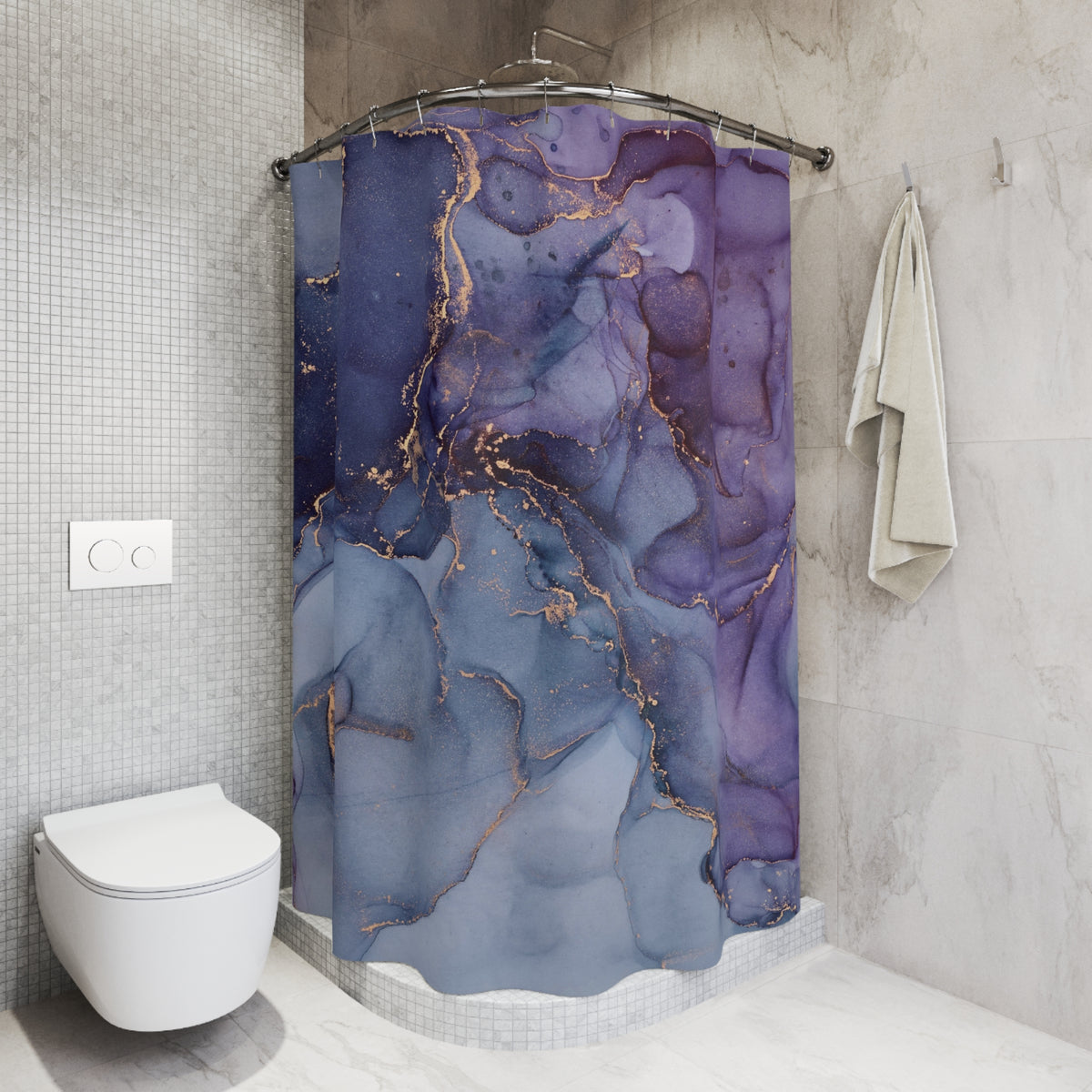 a bathroom with a shower curtain that has a marble-like pattern in shades of blue and purple. The shower curtain is hanging from a rod next to a white towel. The bathroom also includes a toilet and a tiled wall.