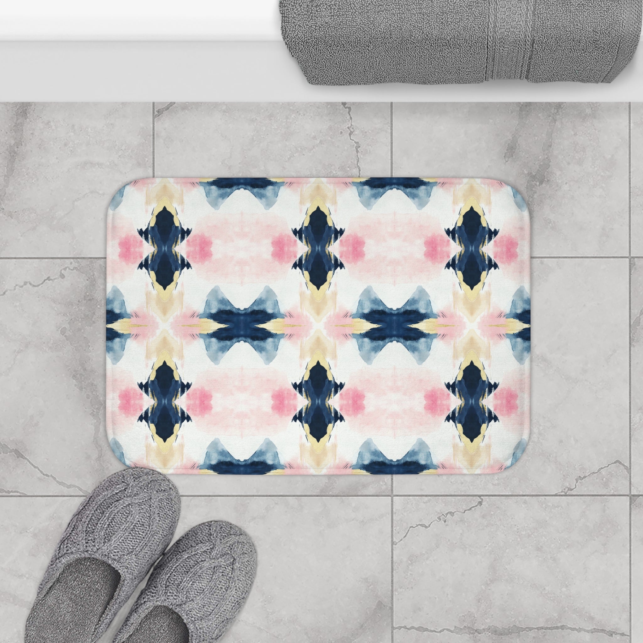 Boho Modern Bath Mat | Abstract Pink Blue Kitchen Mat
