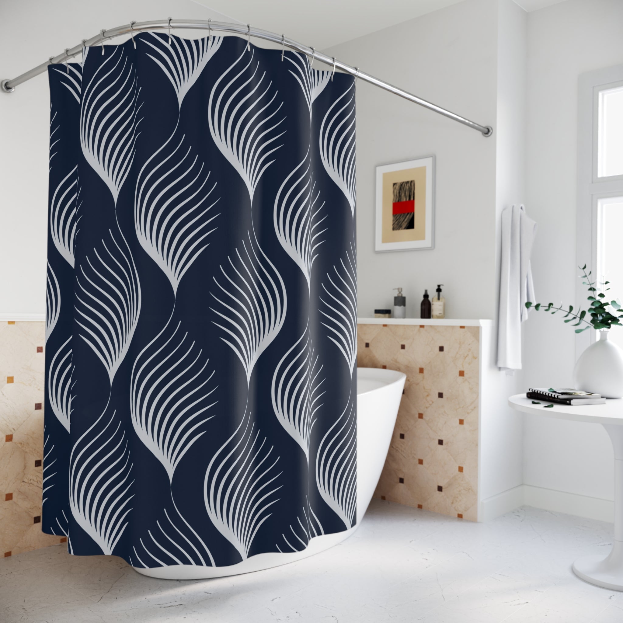 Boho Art Deco Shower Curtain | Navy Blue Art Nouveau