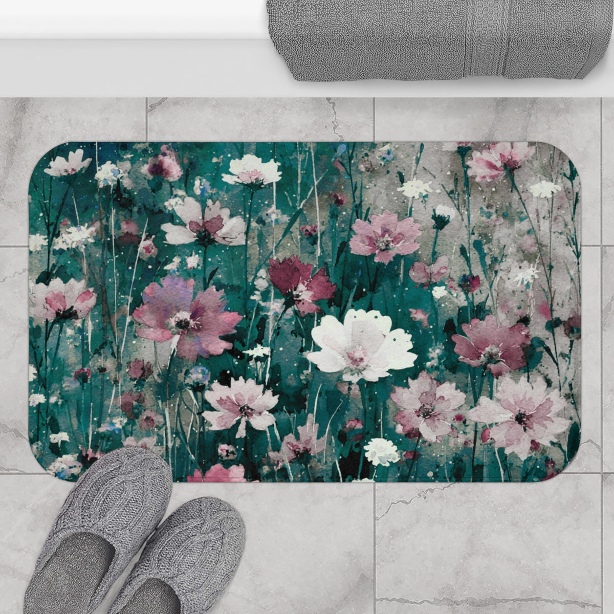 Teal Pink Cosmos Meadow Bath Mat, Kitchen Mat