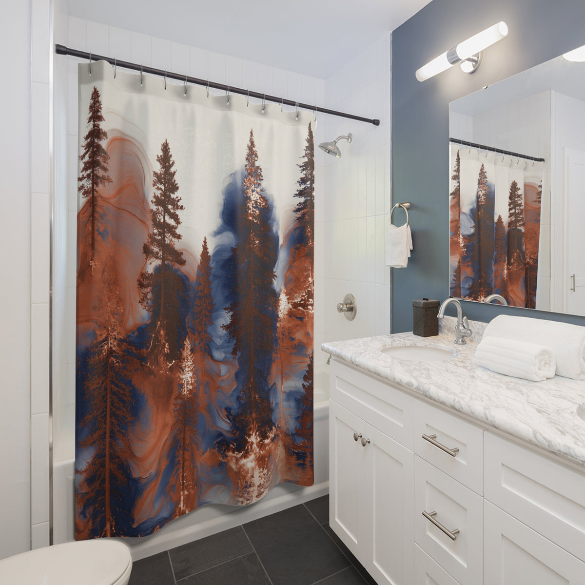 Navy Terracotta Ink Forest Shower Curtain, Bath Curtain 71x74