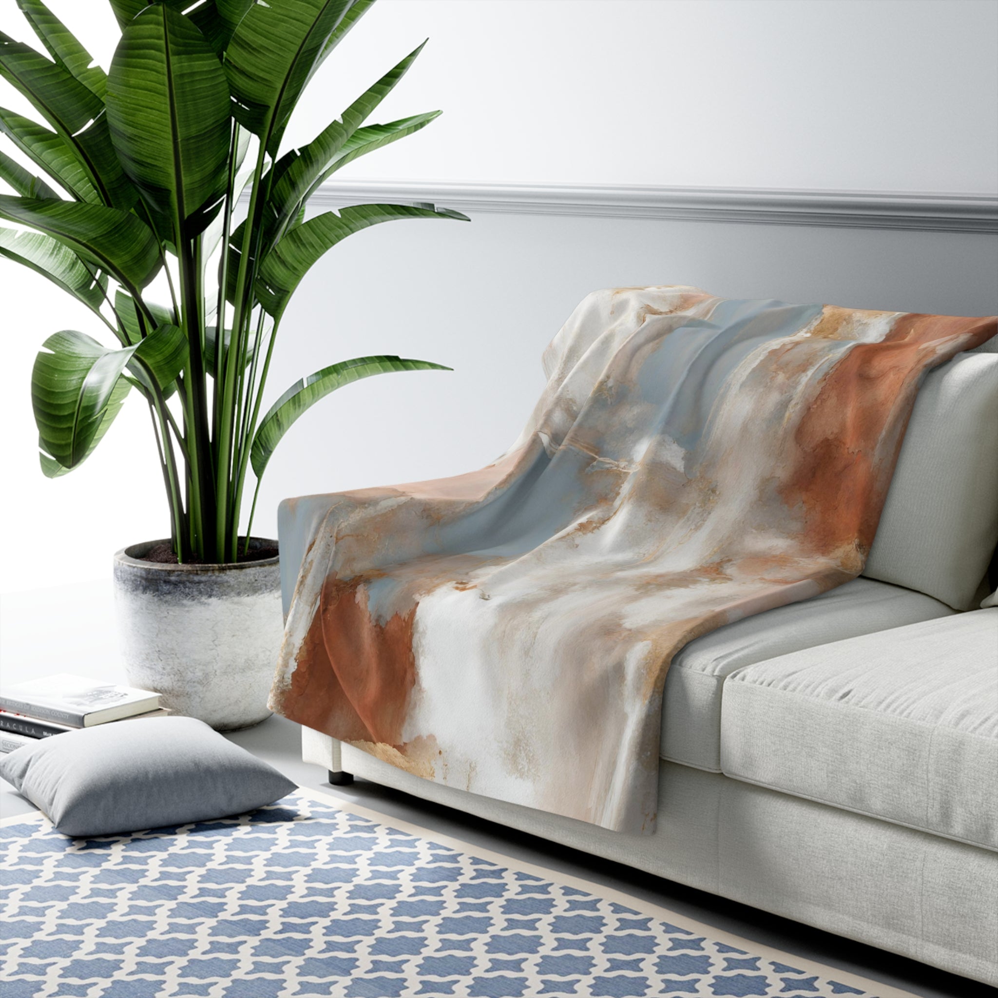 Abstract Boho Couch Throw Blanket | Beige Rust, blue White
