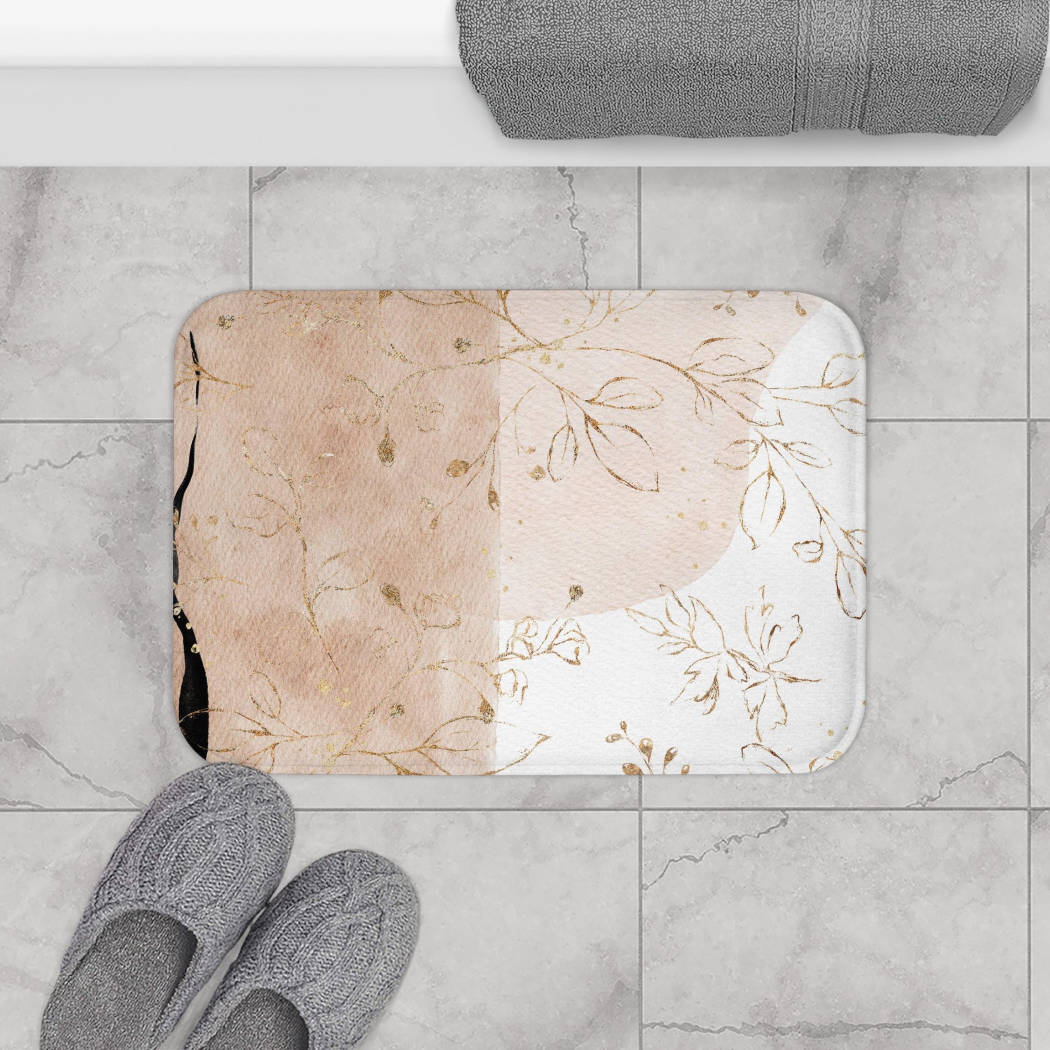 Abstract Bath, Kitchen Mat, Rug | Beige White Gold Floral Ombre