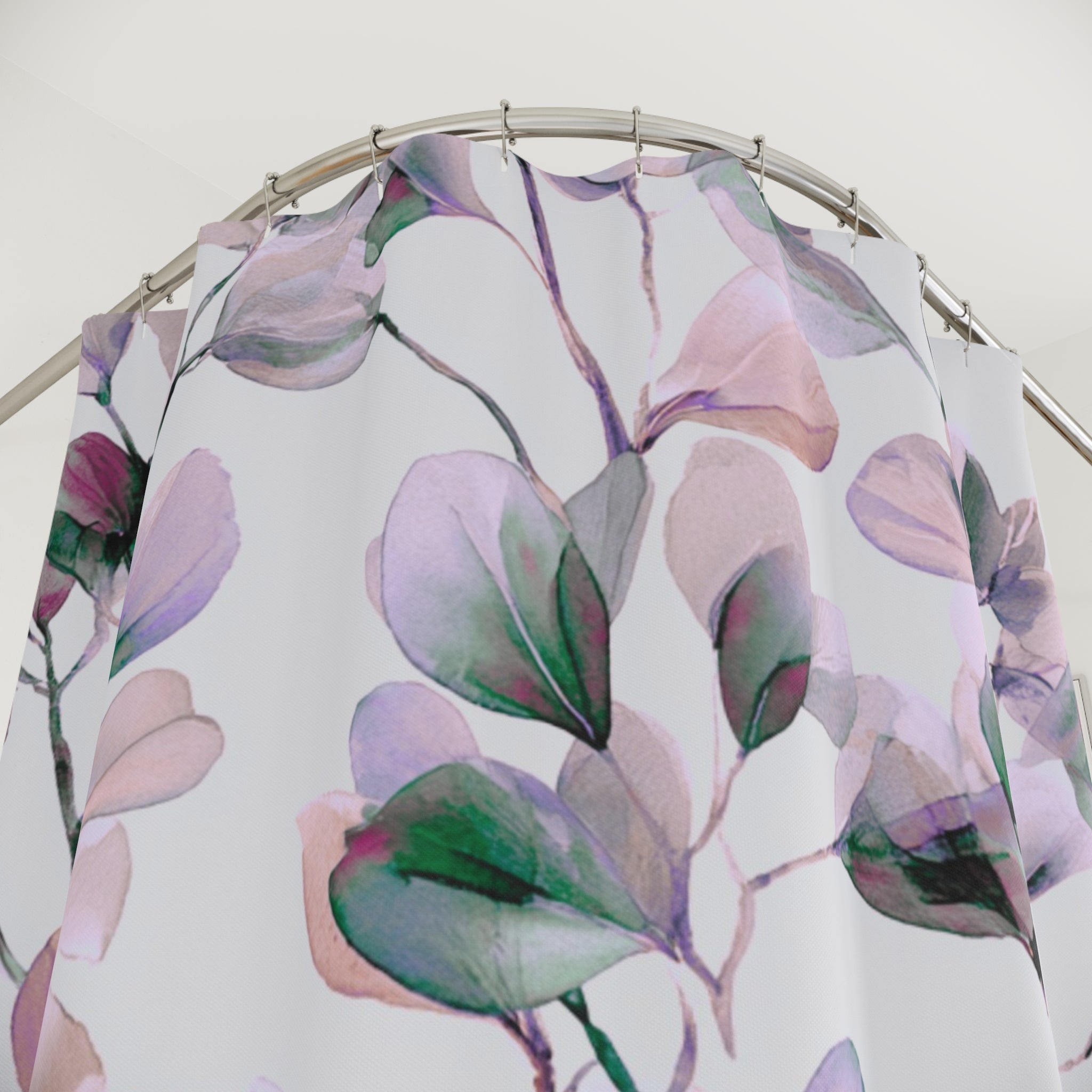 Floral Shower Curtain | Pink Green Leaves, Spa Bathroom Decor