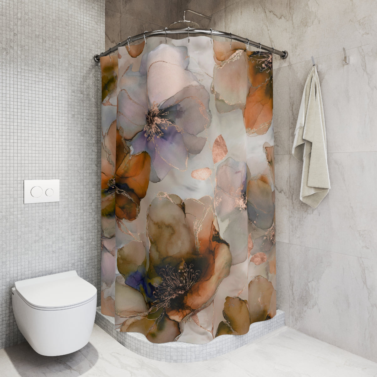 Rust orange lavender floral bath curtain with buttonholes for hooks
