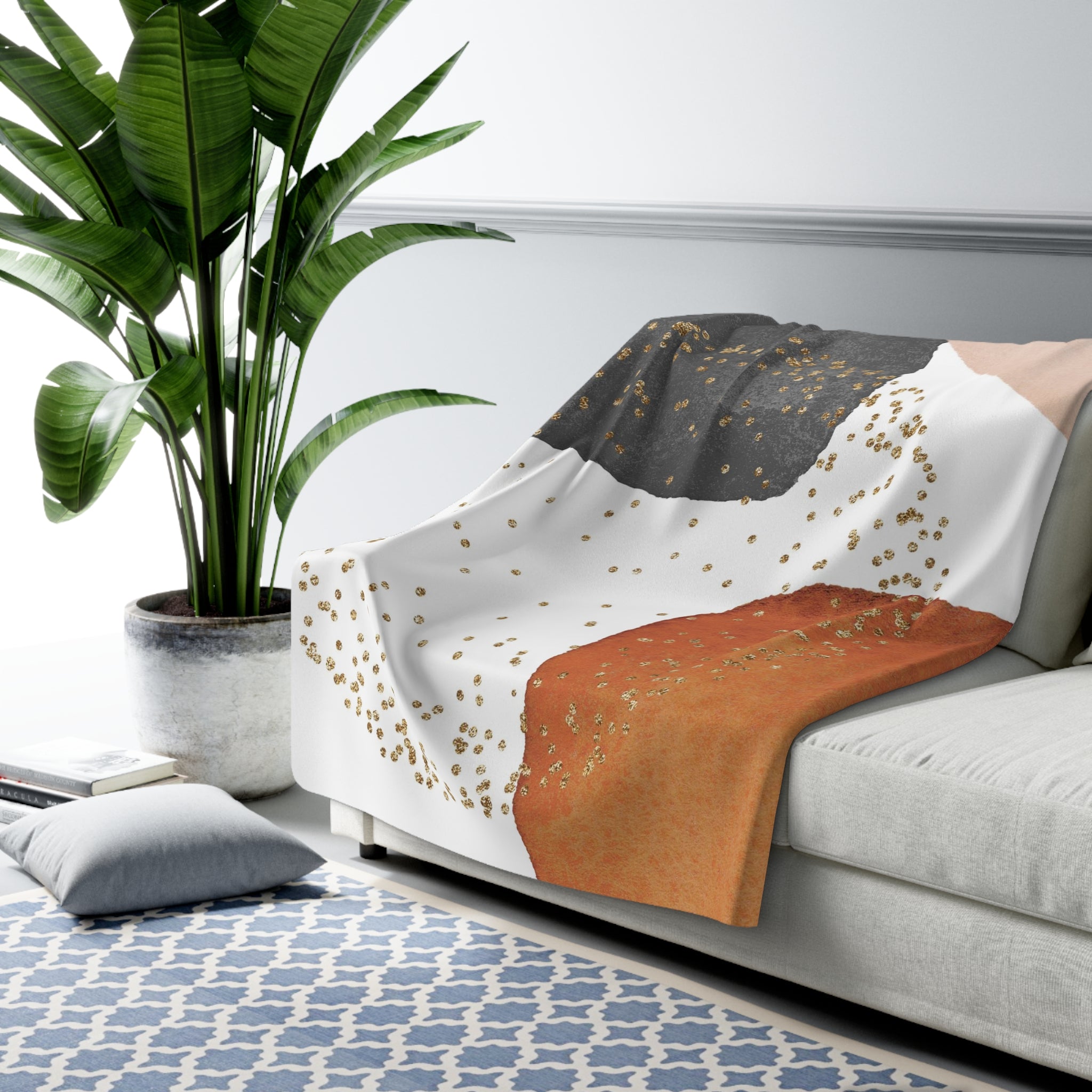 Abstract Throw Blanket | White Grey, Rust Orange Beige Modern Art