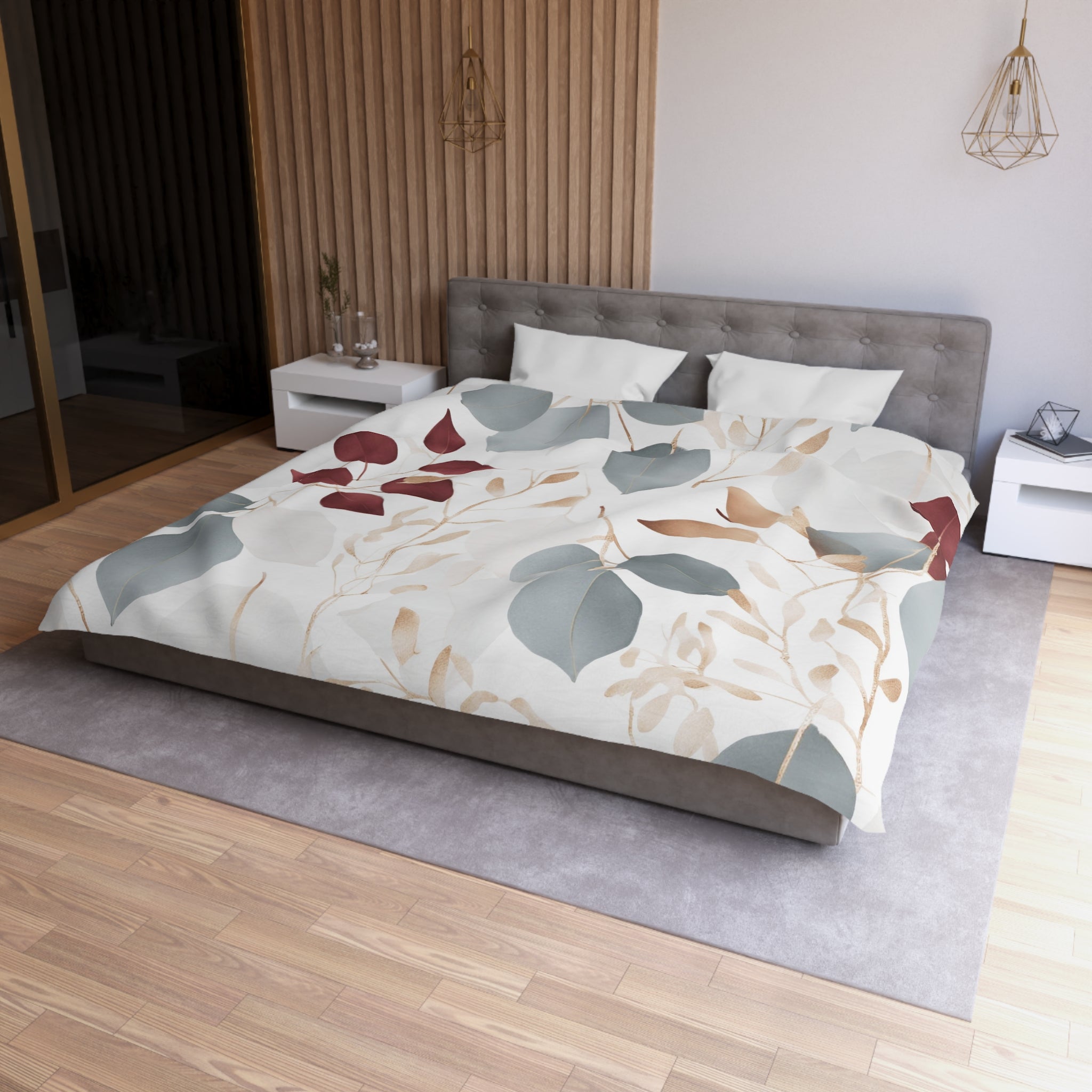 Floral Duvet Cover | Blue Grey, White Burgundy, Beige Eucalyptus Leaves Bedding Decor | Bedroom Decor