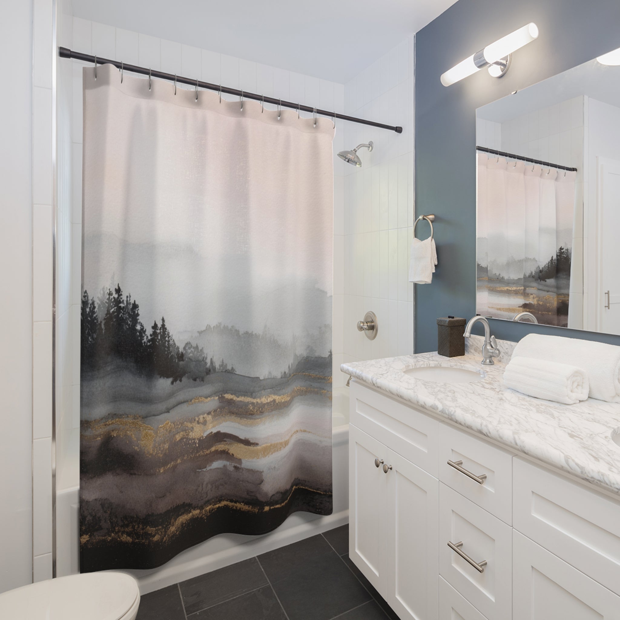Landscape Shower Curtain | Nature Dark Grey, Blush Abstract Art