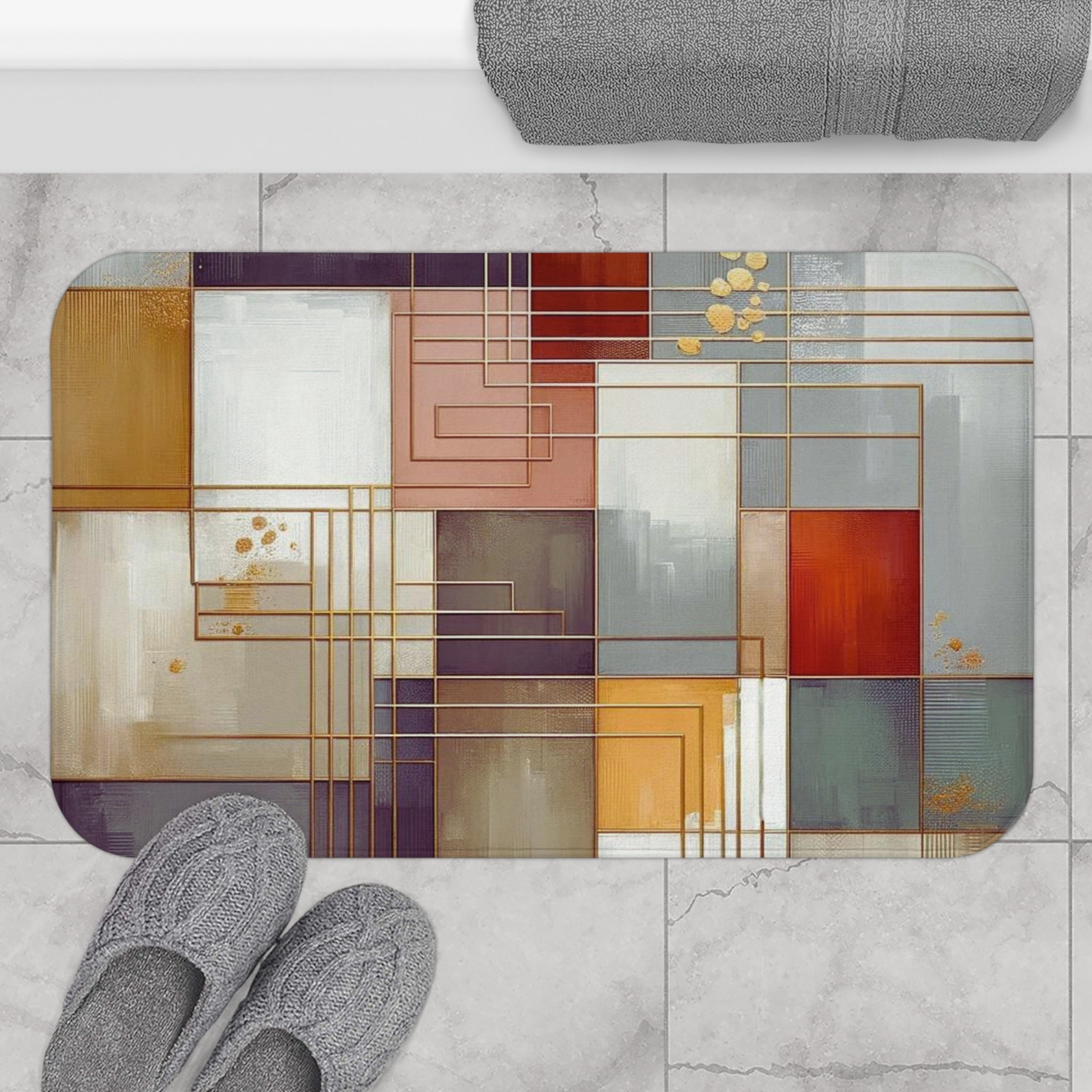 Abstract Bath Mat | Pastel Beige White Green Pink Kitchen Mat