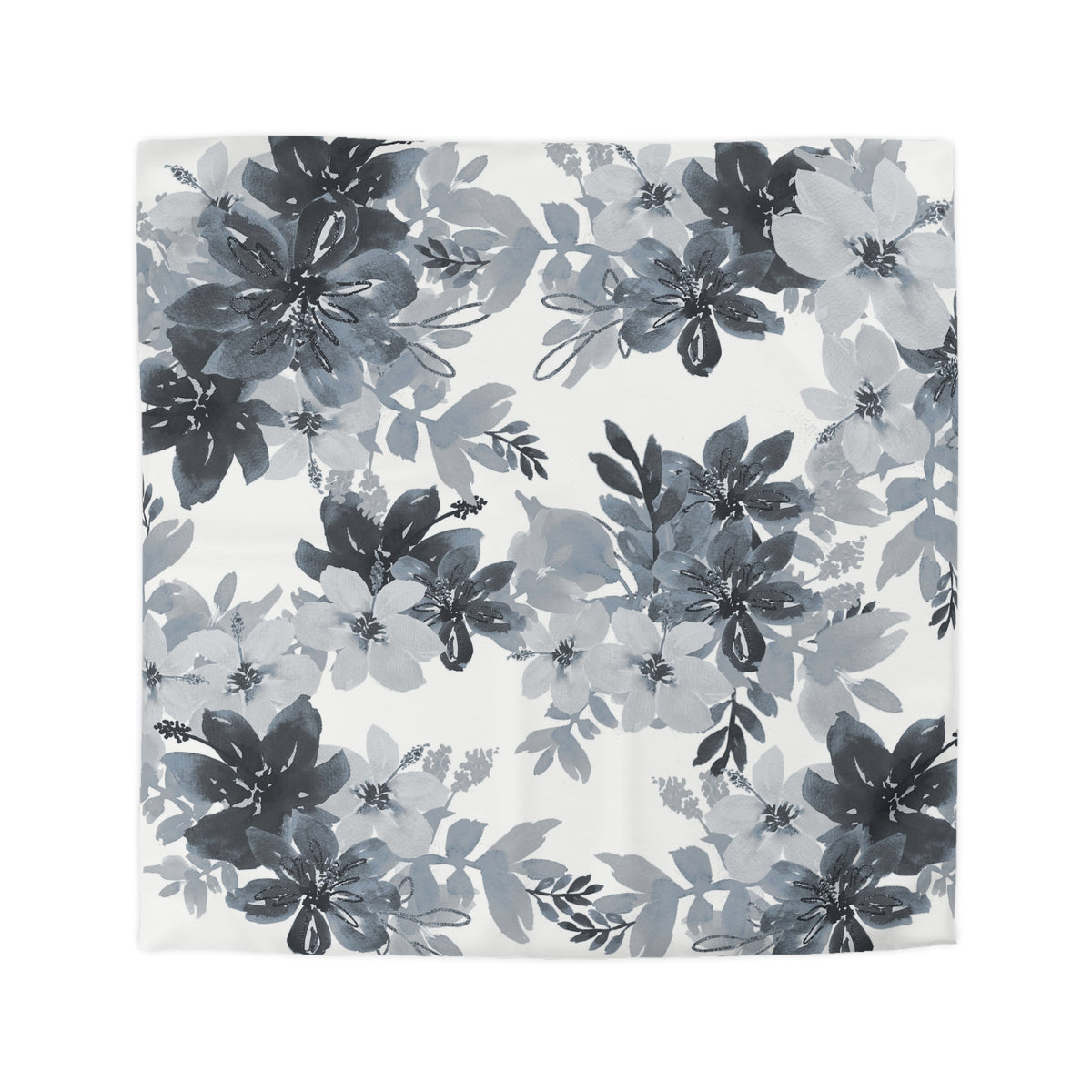 a repeating pattern of black and white flowers and leaves against a white background.