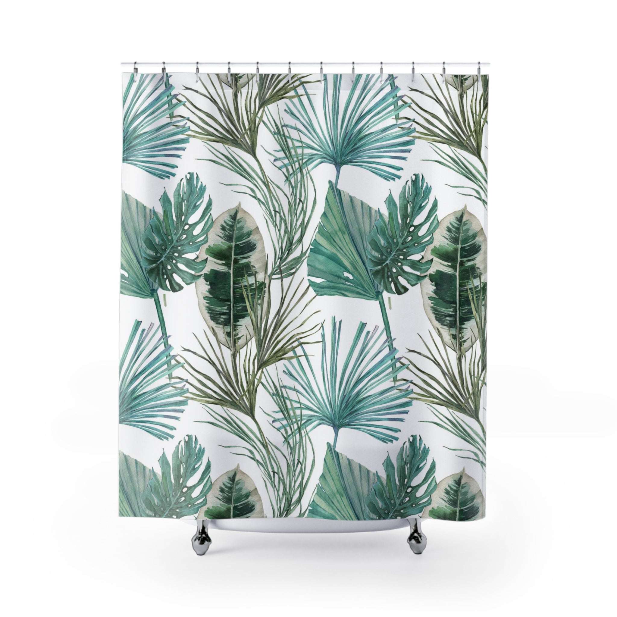 Boho Floral Shower Curtain | White Sage, Teal Green Jungle Leaves