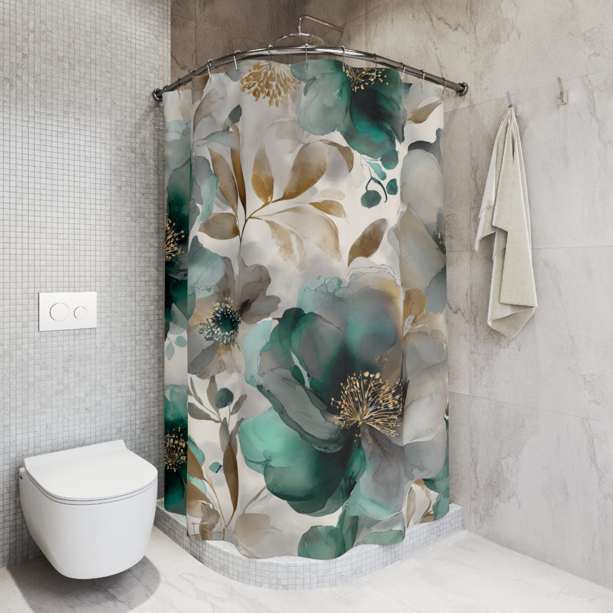 a bathroom with a shower curtain adorned with a floral pattern in shades of green and gold. The shower curtain is hanging on a rod next to a towel rack. The bathroom has a white toilet and a white tiled wall, creating a clean and modern aesthetic.
