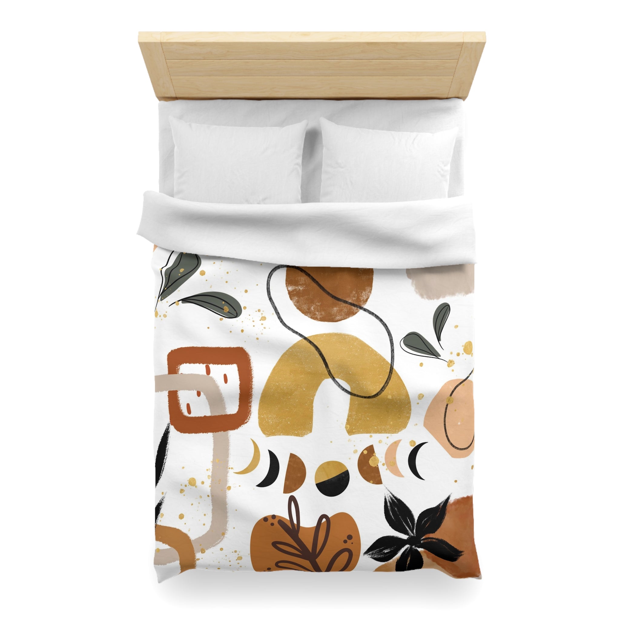 a bed with a white comforter and a colorful abstract pattern on it.