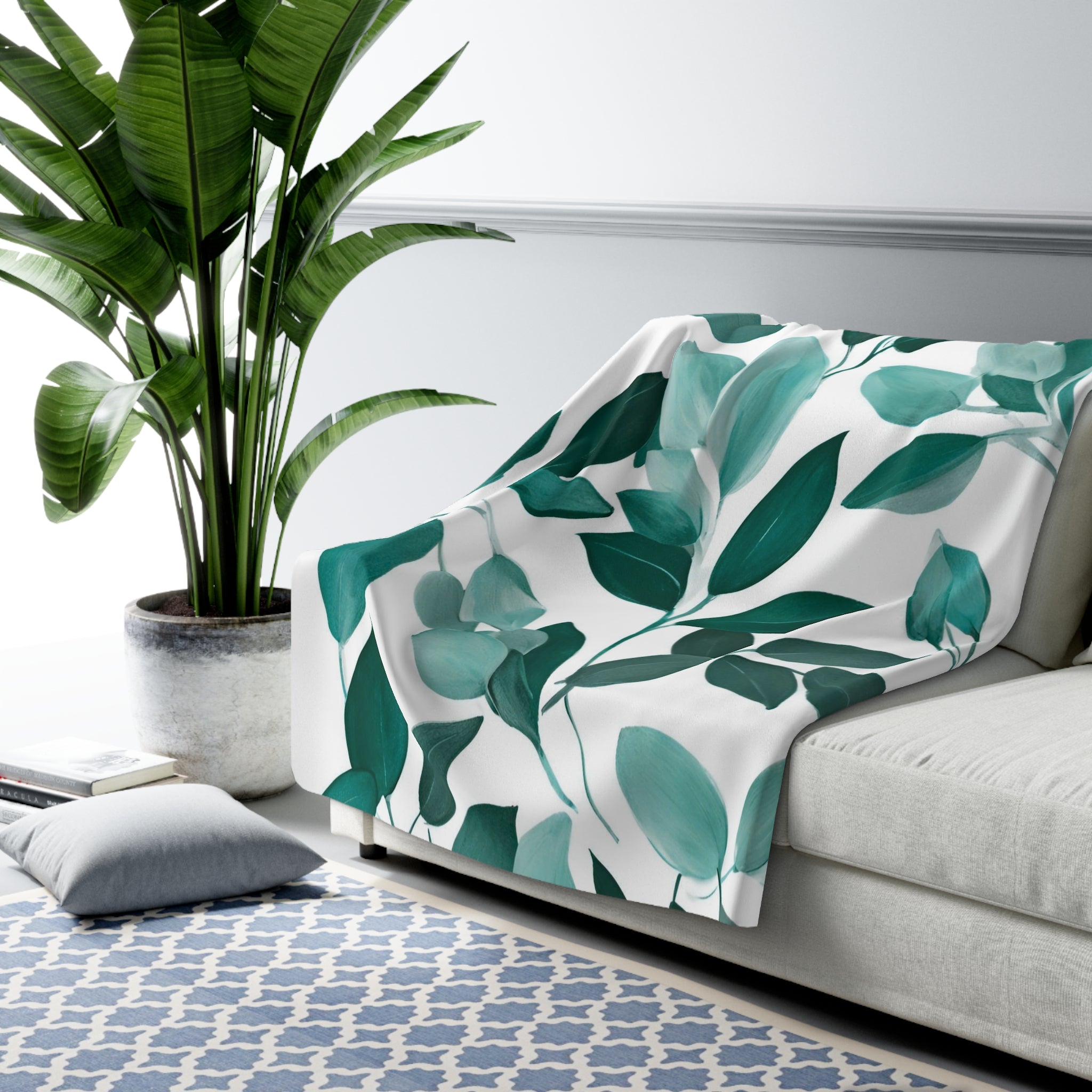 Floral Throw Blanket | White Mint Teal Green Leaves