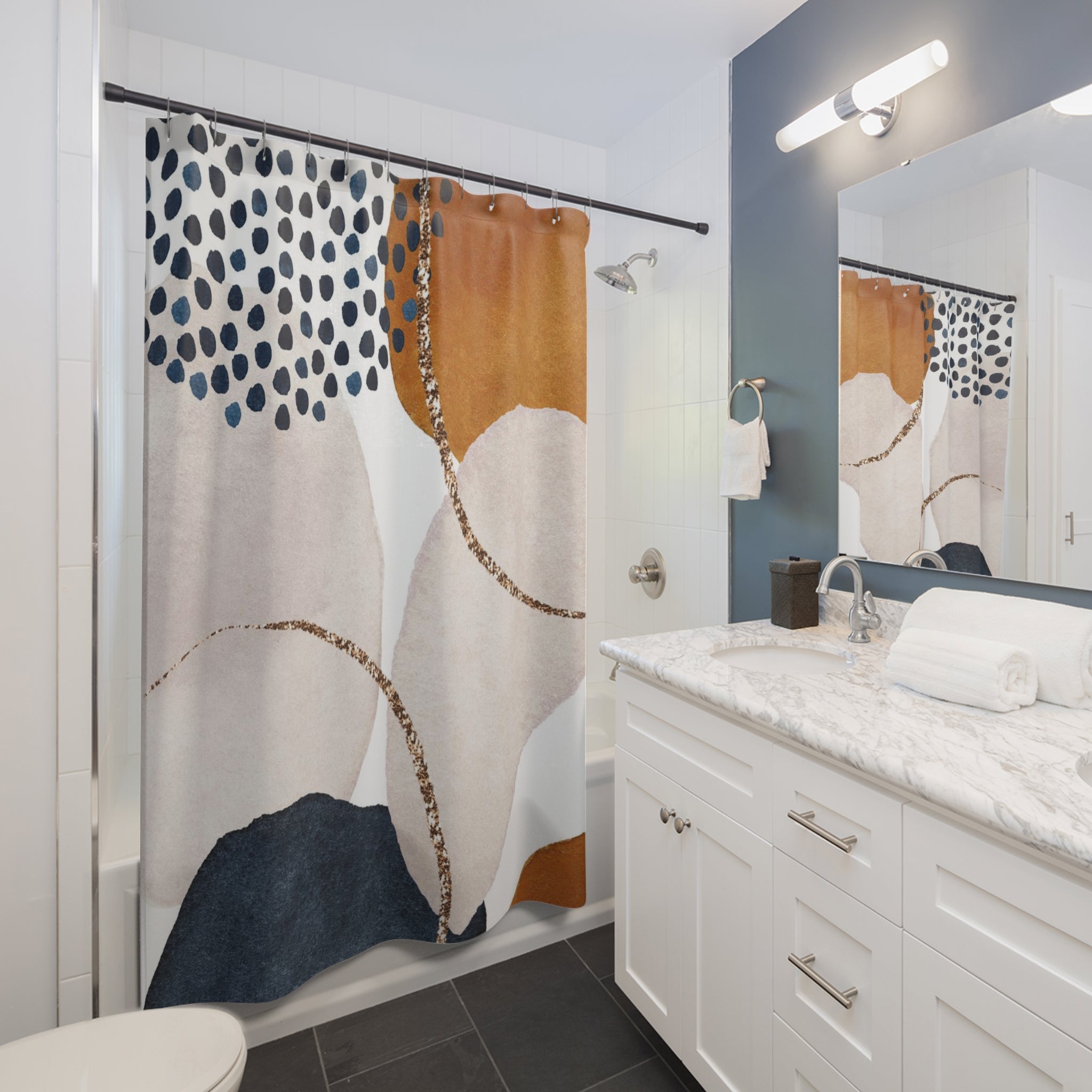 Abstract Shower Curtain | Navy Blue, Burnt Orange, Ivory