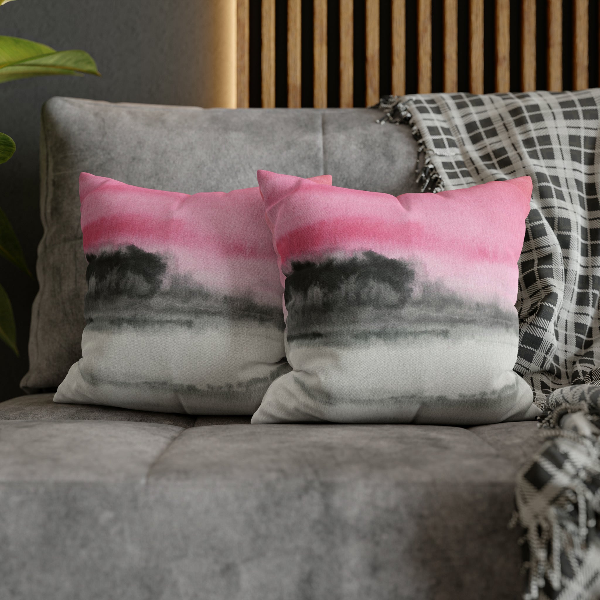 Abstract Pillow Cover | Pink, Gray Black Ombre, Landscape