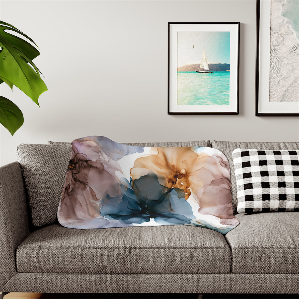 a living room with a couch and a painting on the wall