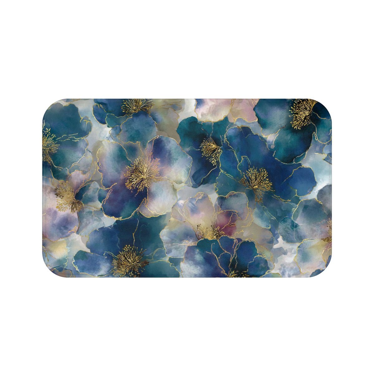 a vibrant and colorful floral pattern with blue, pink, and white flowers, accented with gold details.