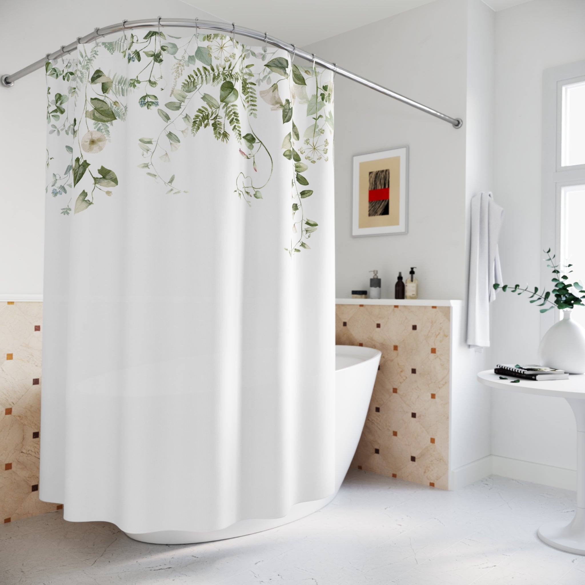 Boho Shower Curtain | White Sage Green Vine leaves