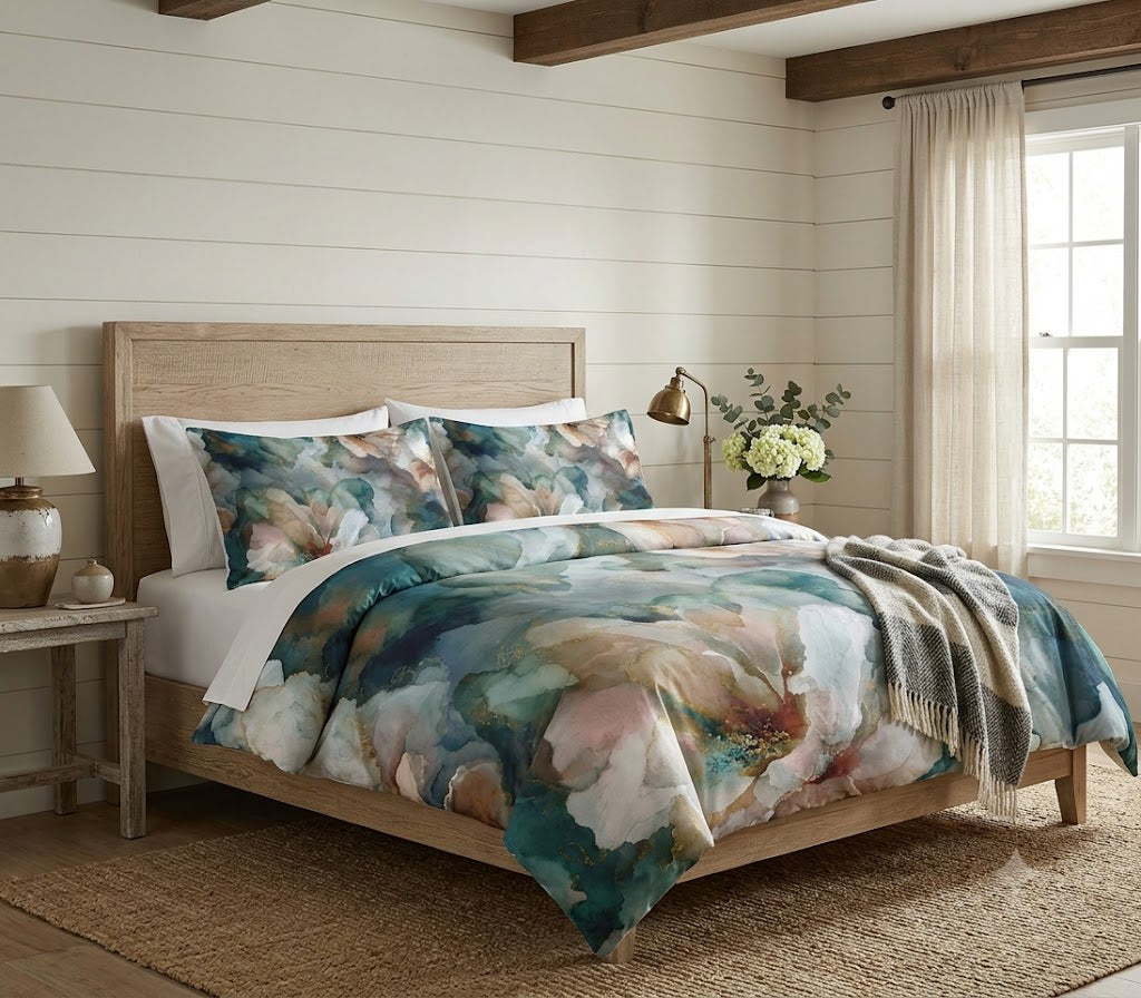 a bedroom with a large bed covered in a colorful floral comforter. The bed is positioned against a wall with a window, and there is a lamp and a vase of flowers on the bedside table.