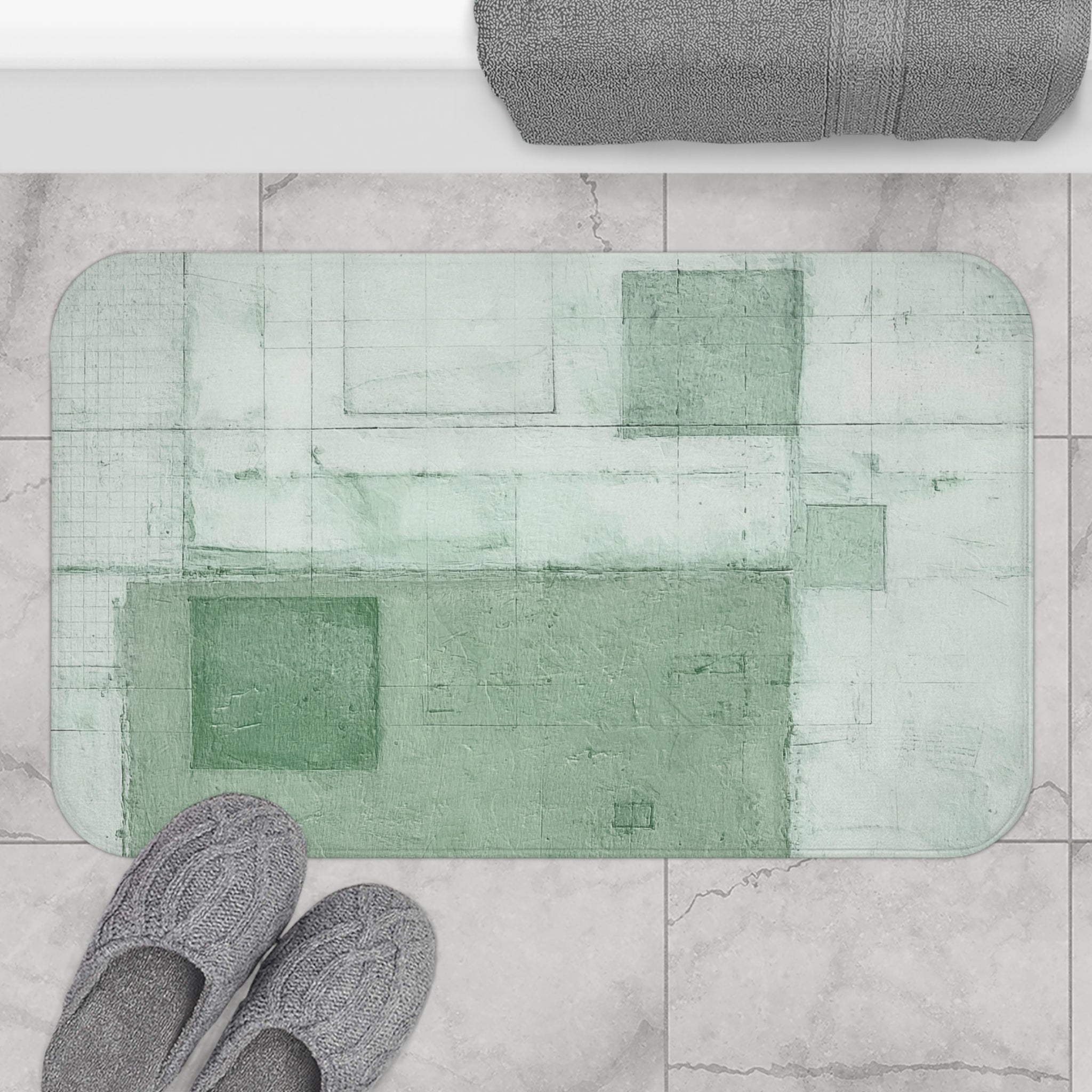 Abstract Bath Mat | Rustic Sage Pale Green Geometric Kitchen Mat