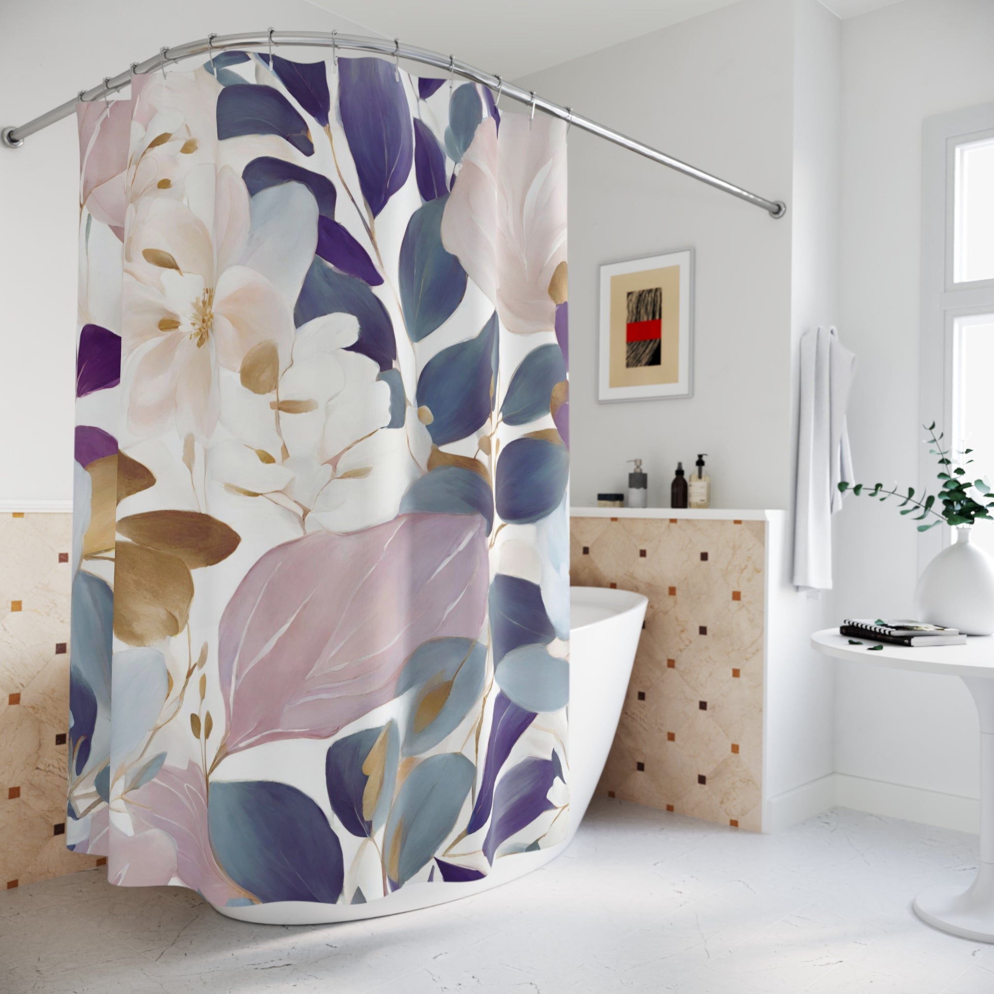Boho Shower Curtain | Abstract Floral, Teal Navy blue Leaves