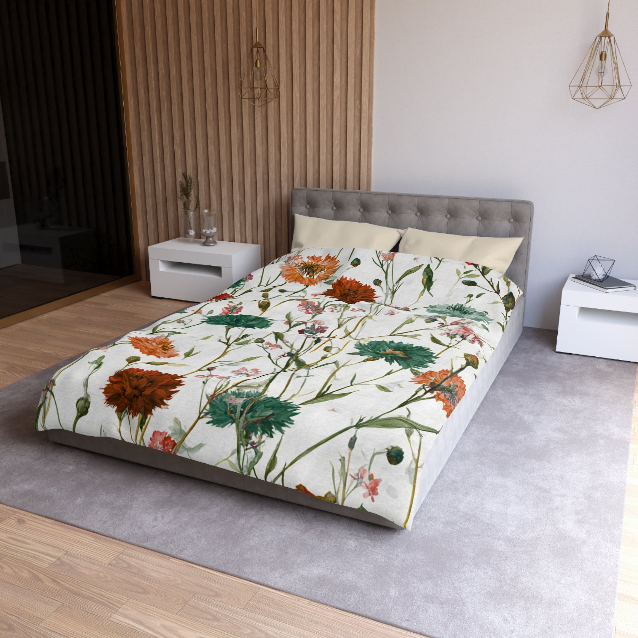 Floral Modern Duvet, Pillow Cover | White Orange Bedroom Decor