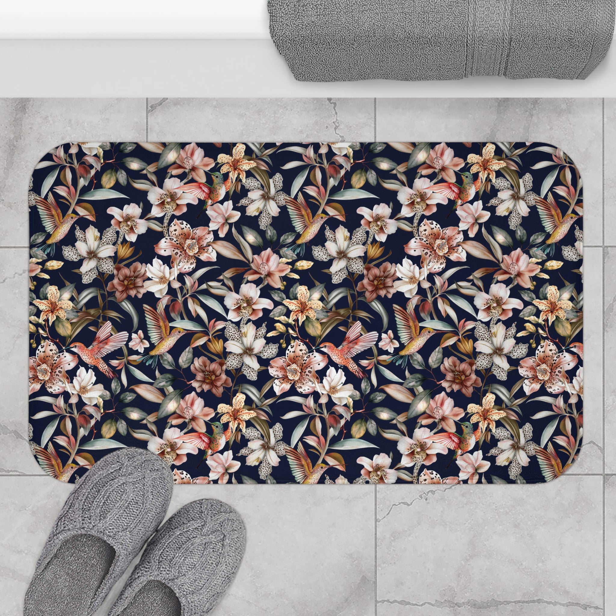 Exotic Tropical Bath Mat | Black Pink White Birds Nature Kitchen Mat