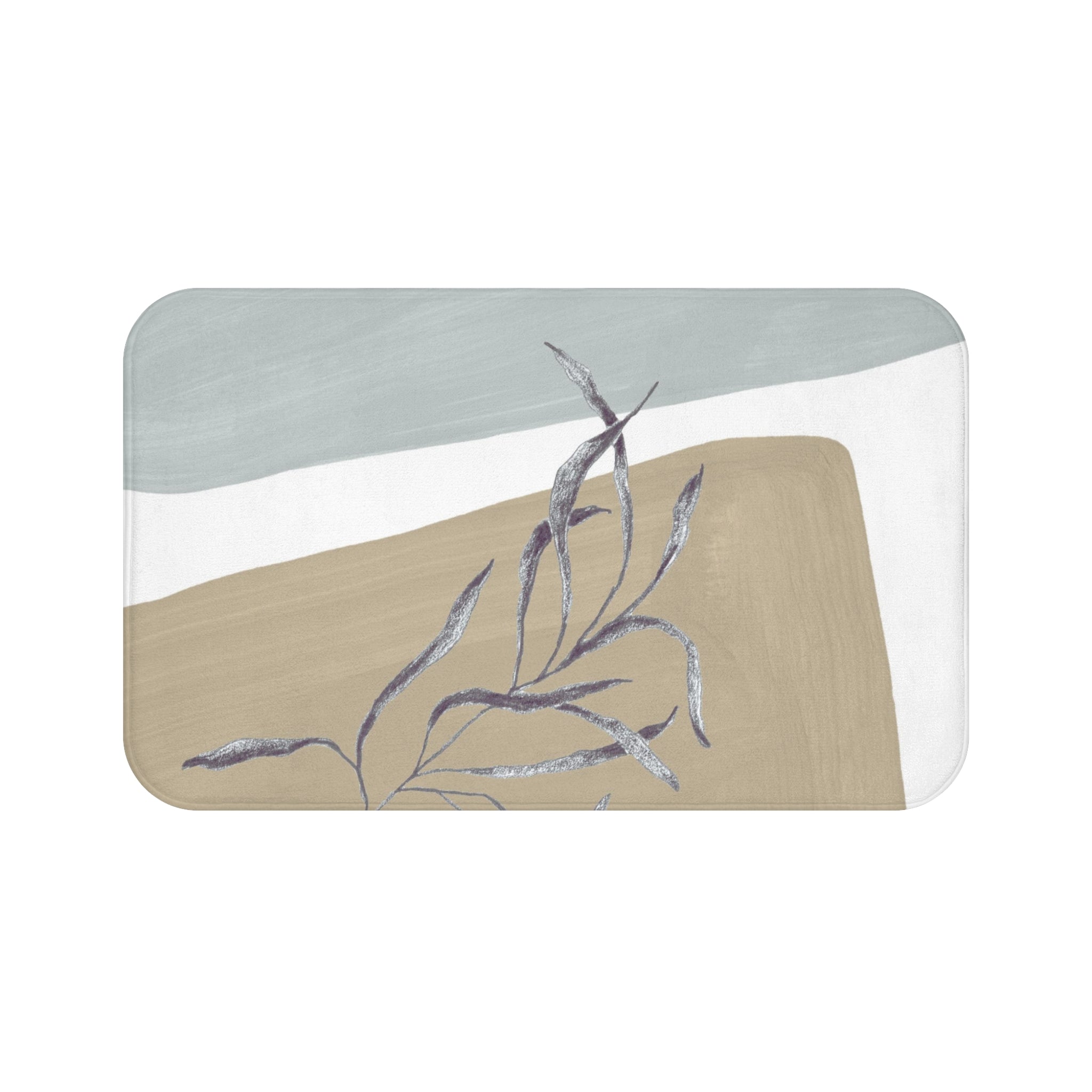 Abstract Boho Bath Mat | Modern Organic, Beige Blue Grey leaf