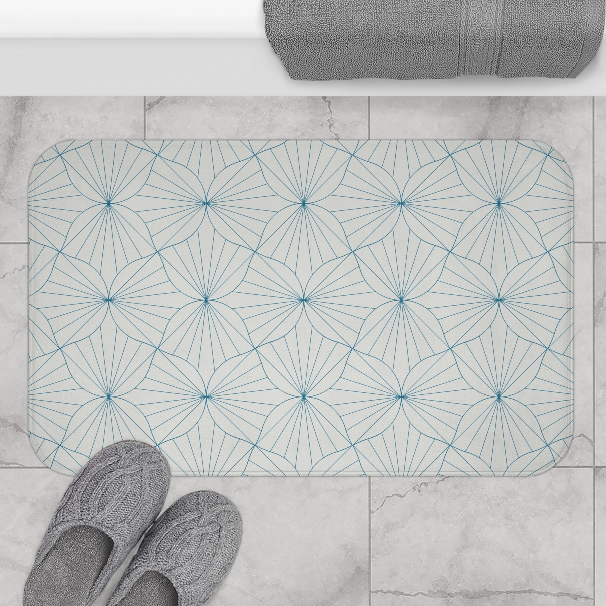 Boho Bath, Kitchen Mat | Art Deco Geometric Blue Grey