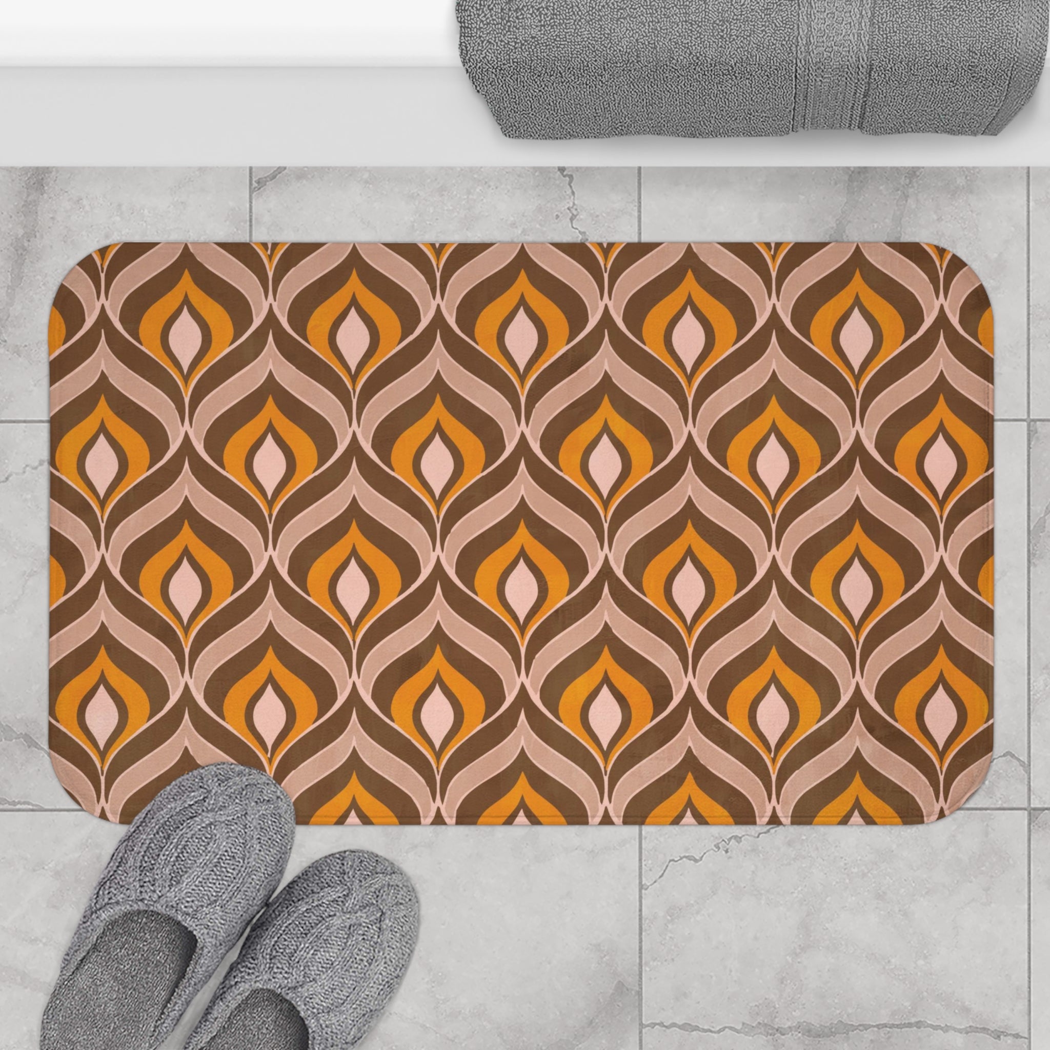 Boho Abstract Bath, Kitchen Mat, Rug | Dark Brown Burnt Orange Beige