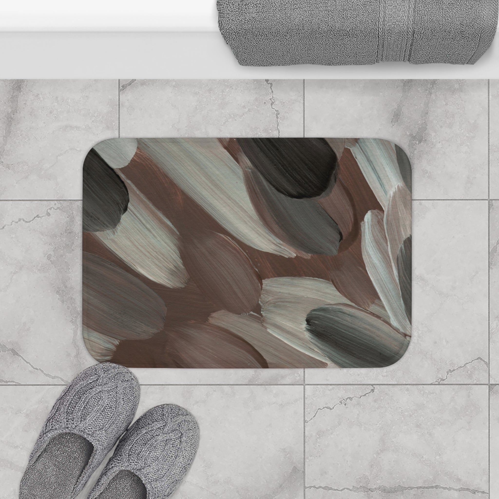 Abstract Bath Mat | Brown Grey White, Earthy Kitchen Mat