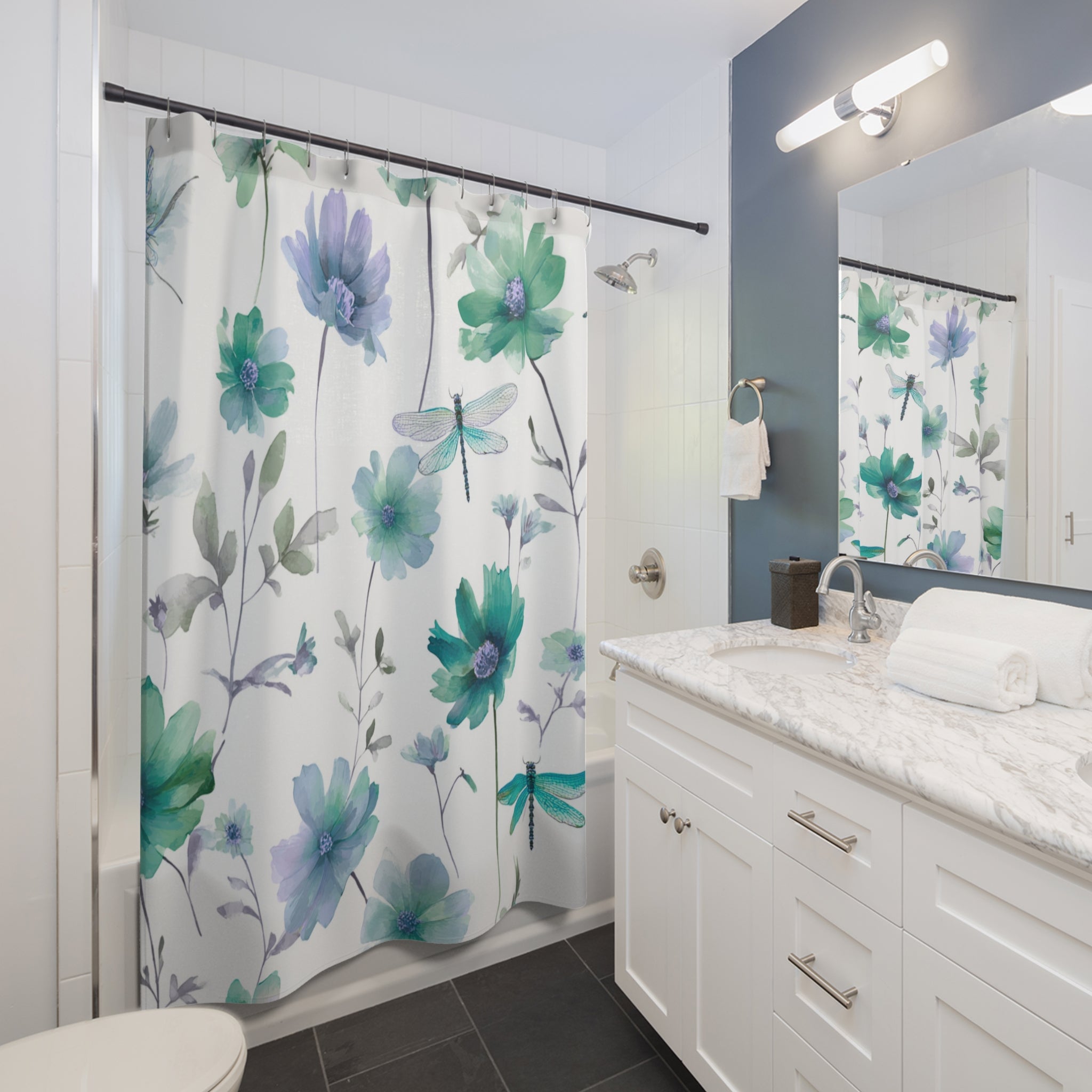 Floral Shower Curtain | Garden, Dragonfly, Spa Bathroom Decor