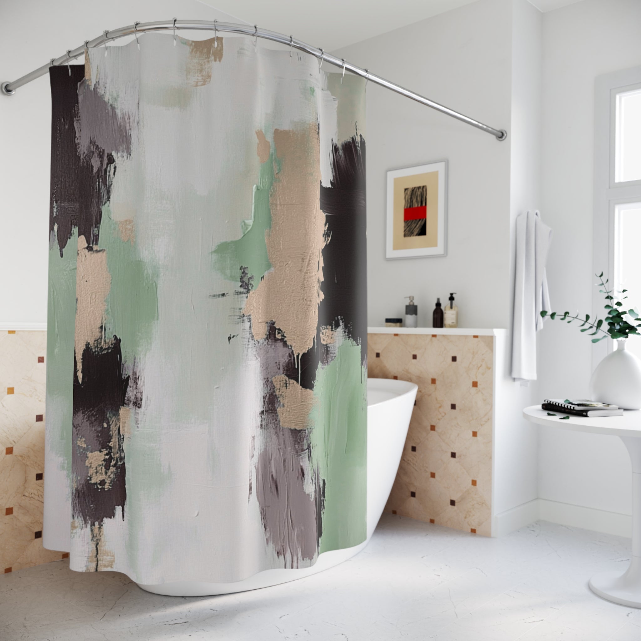 Abstract Shower Curtain | Sage Green Beige, Black Grey