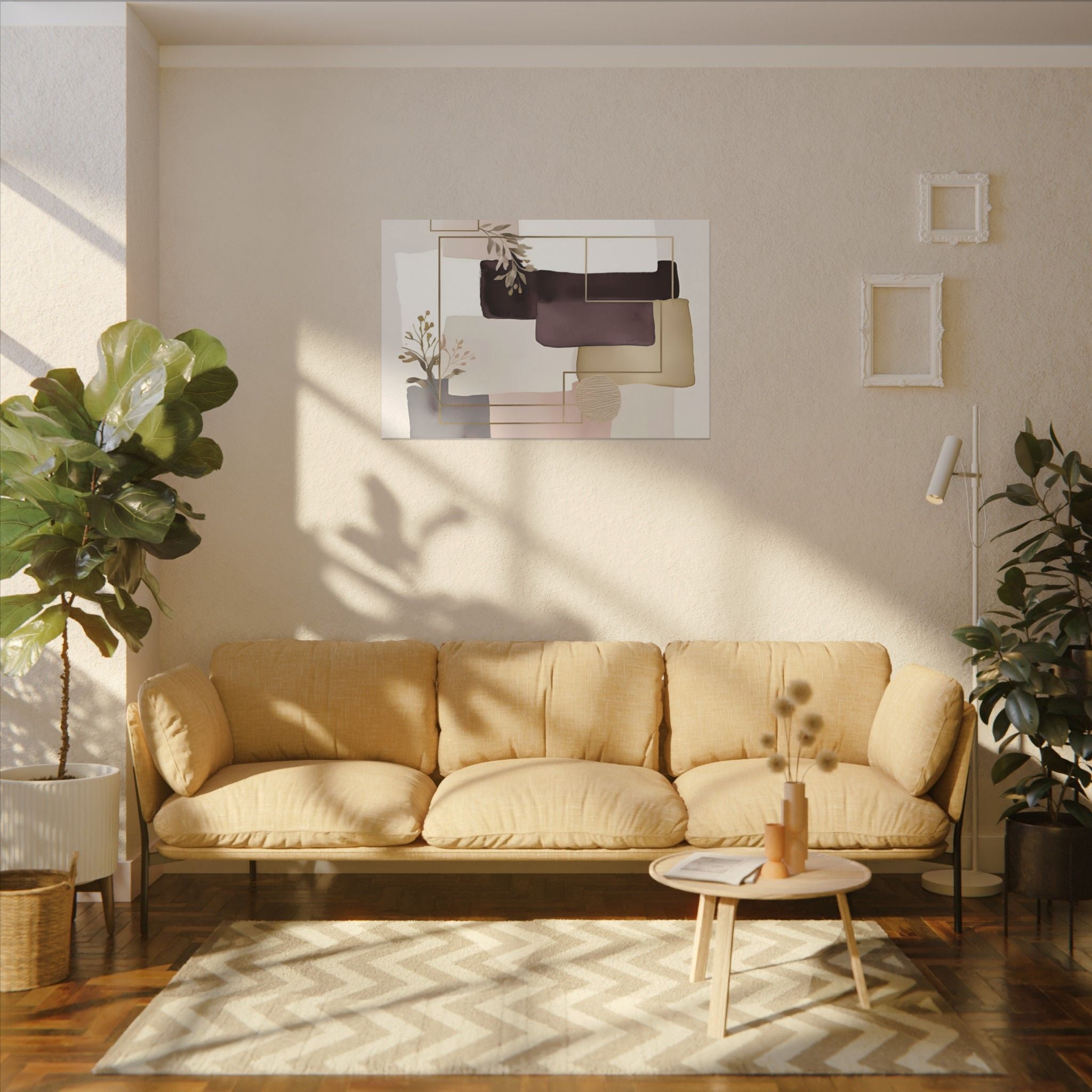 a cozy living room with a beige sofa, a coffee table, and a painting on the wall. The room is decorated with potted plants and a chevron rug, creating a warm and inviting atmosphere.