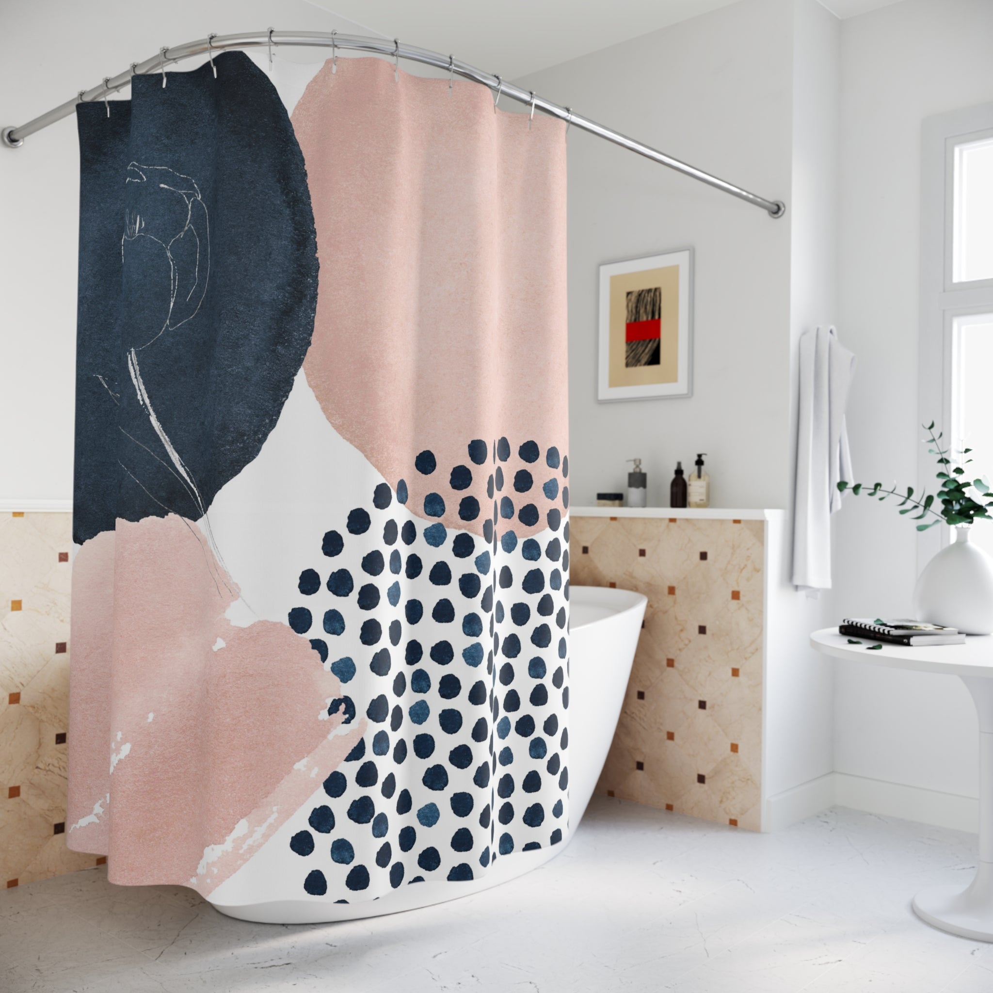 Abstract Shower Curtain | Blush Pink, Navy Blue Bathroom Decor