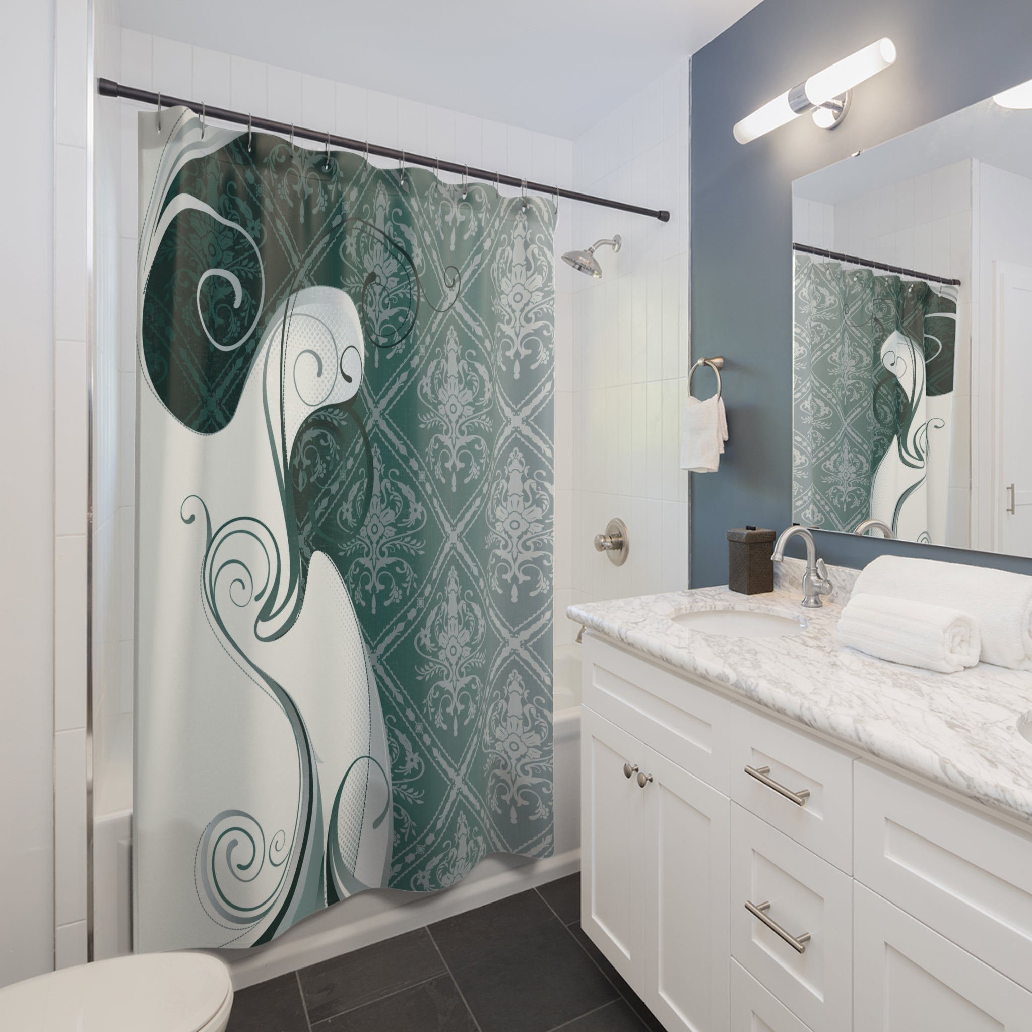 Boho Shower Curtain | Teal Green, White Moroccan Abstract Fabric Curtain