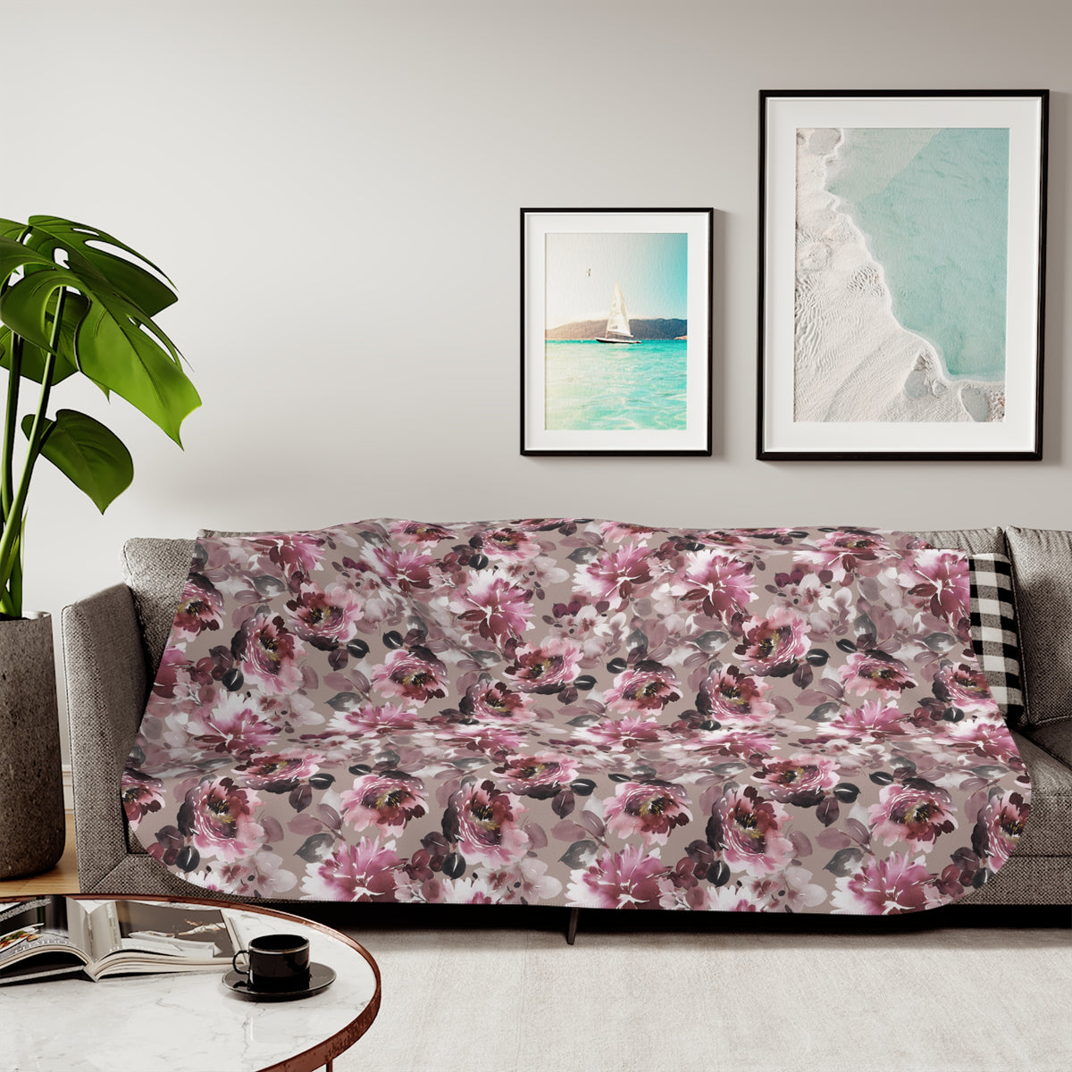 Burgundy Pink Watercolor Peony Sherpa Blanket | Moody Floral Throw