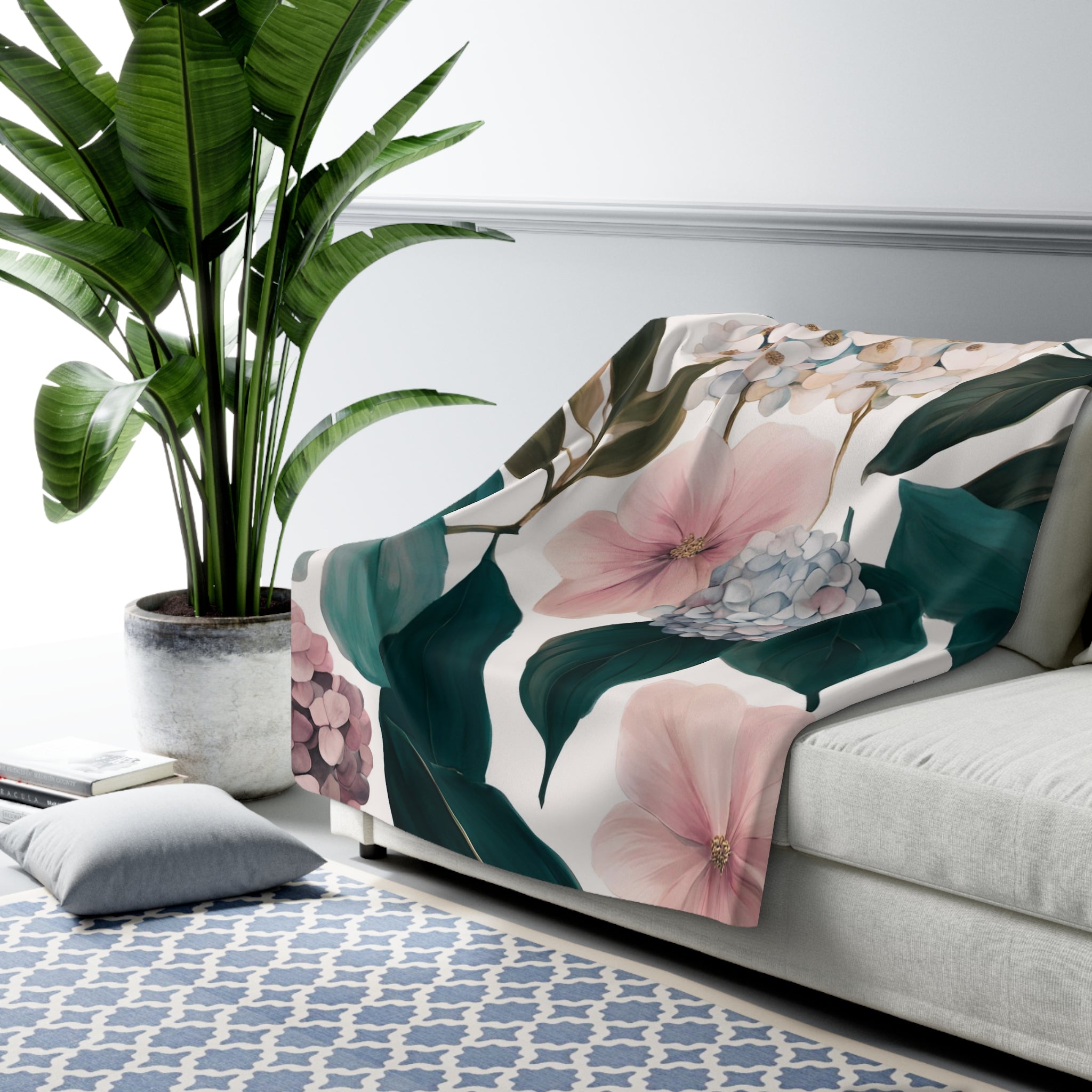 Floral Throw Blanket Dark Green Blush Pink Hydrangea