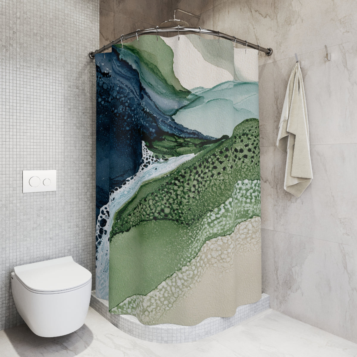 a bathroom with a shower curtain that has a colorful abstract design, including shades of green, blue, and white. The shower curtain is hanging on a rod next to a towel.