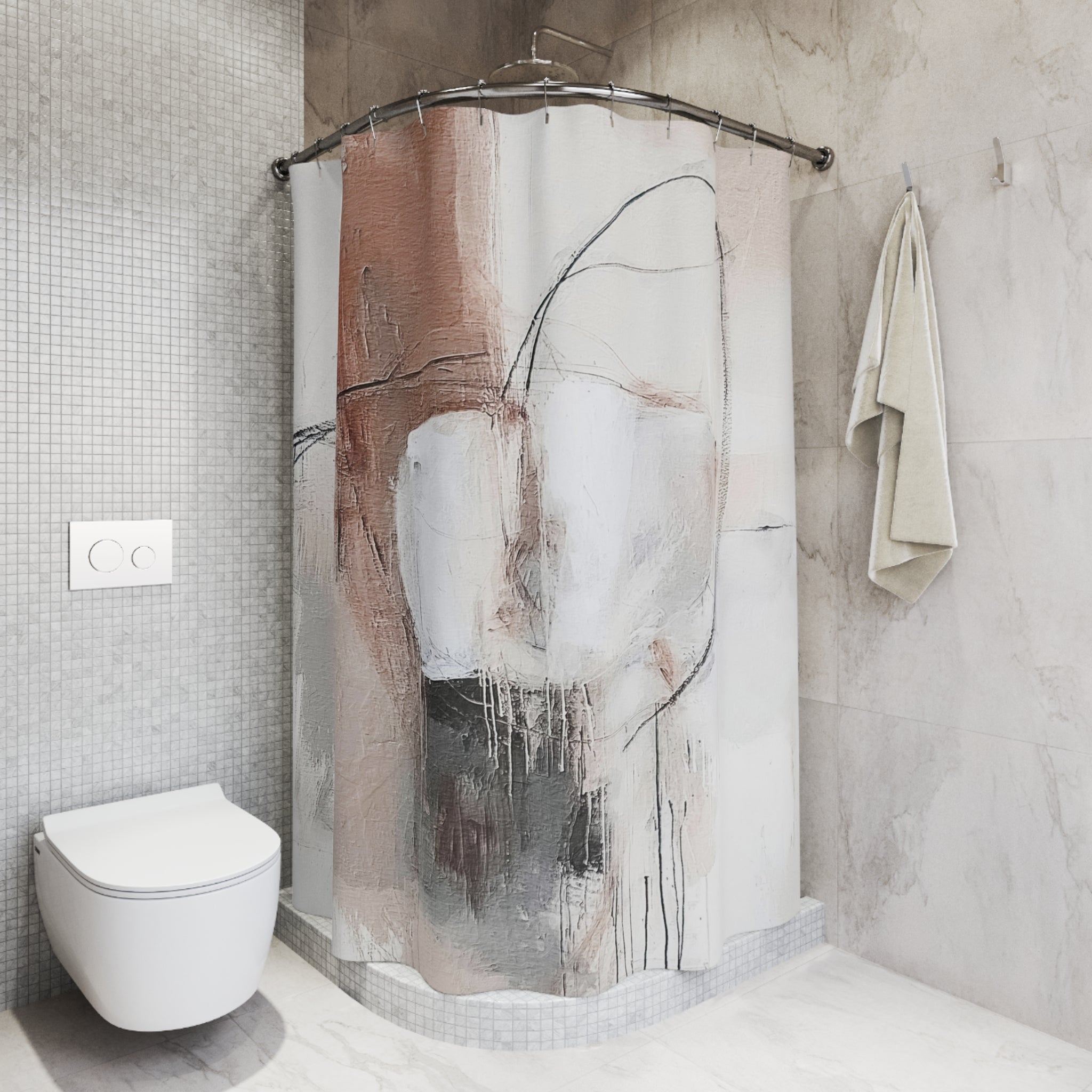 Boho Shower Curtain | Abstract Art White Grey, Beige Minimalist