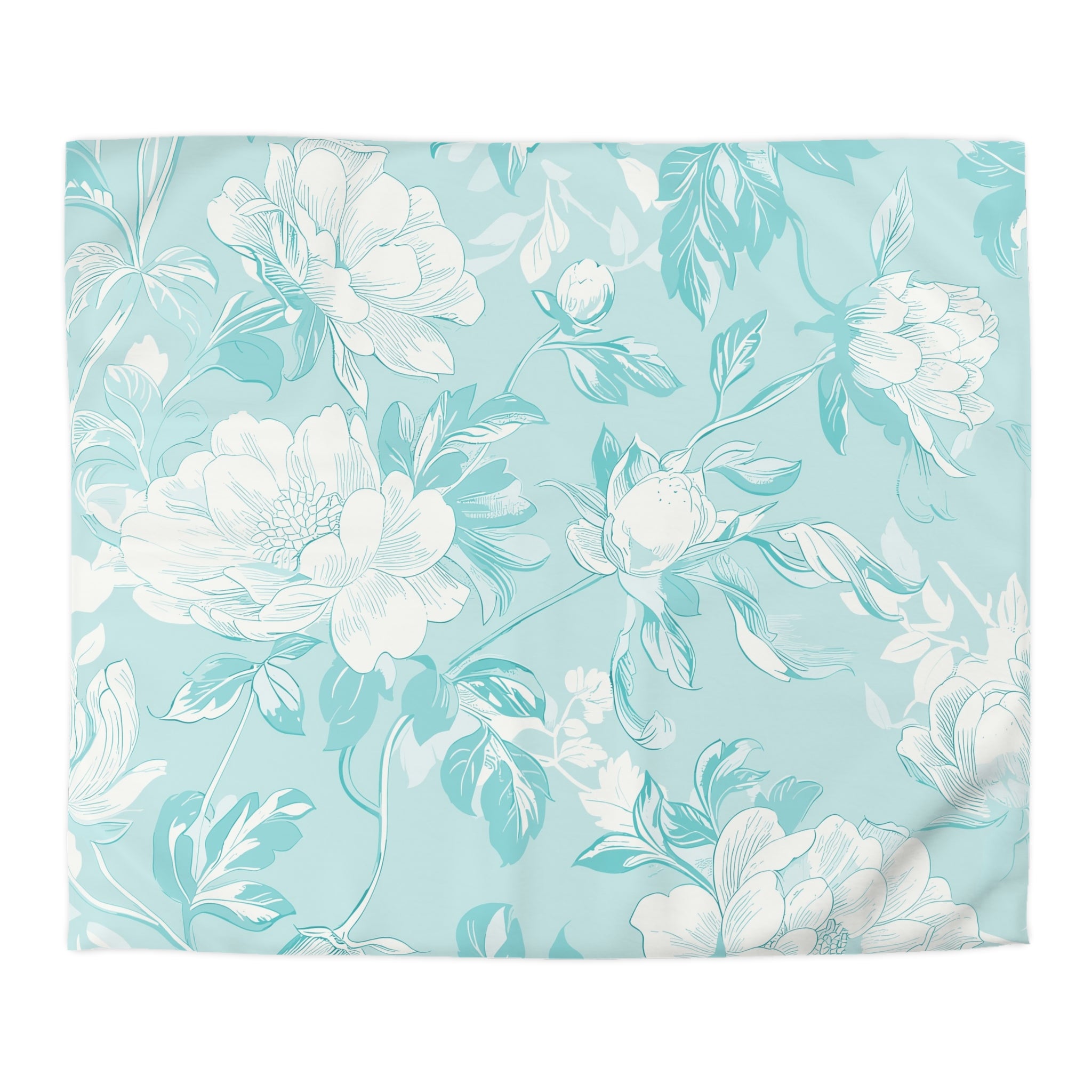 a repeating floral pattern in shades of blue and white, with various flowers and leaves.