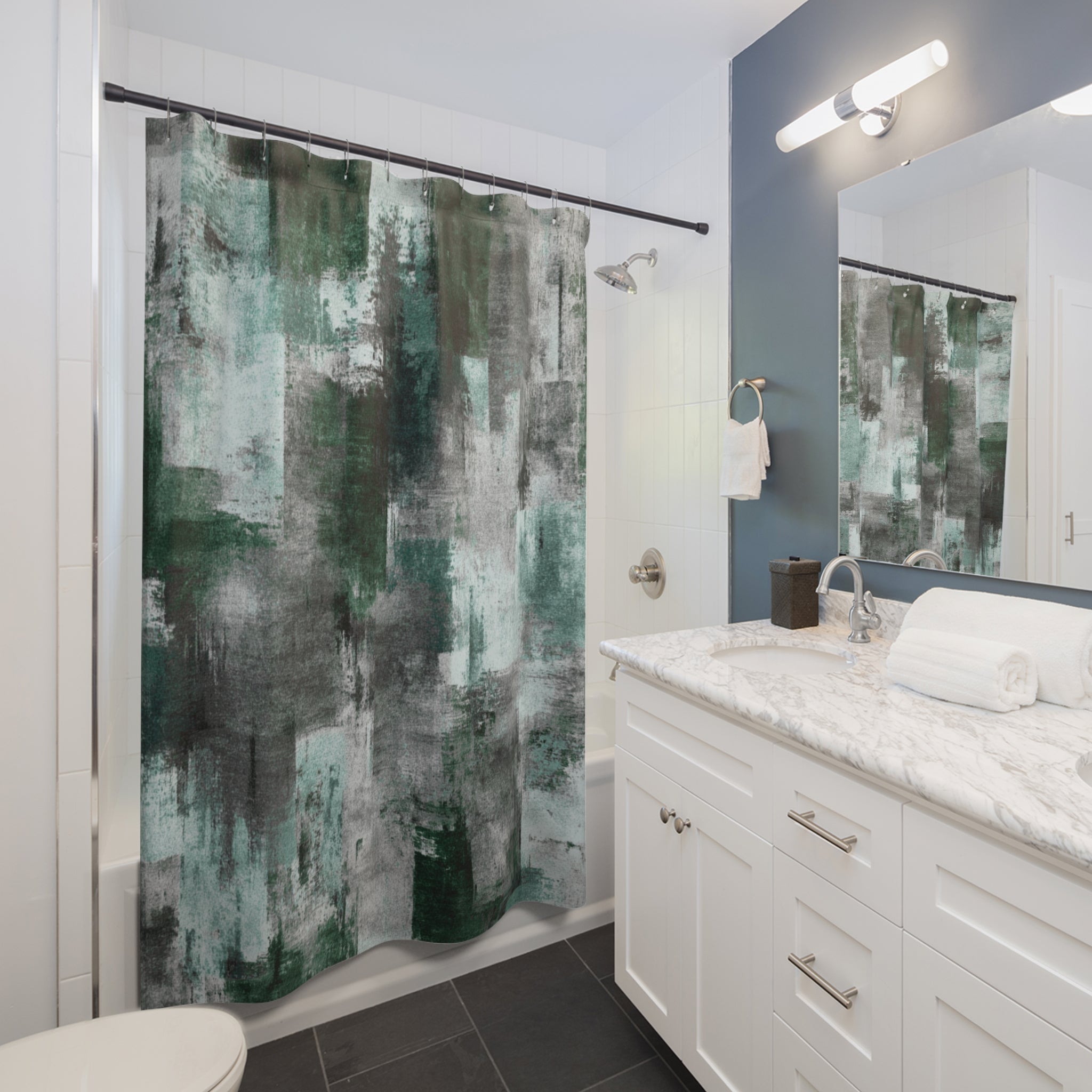 Green Shower Curtain | Flowy Fabric, Abstract Bathroom Decor