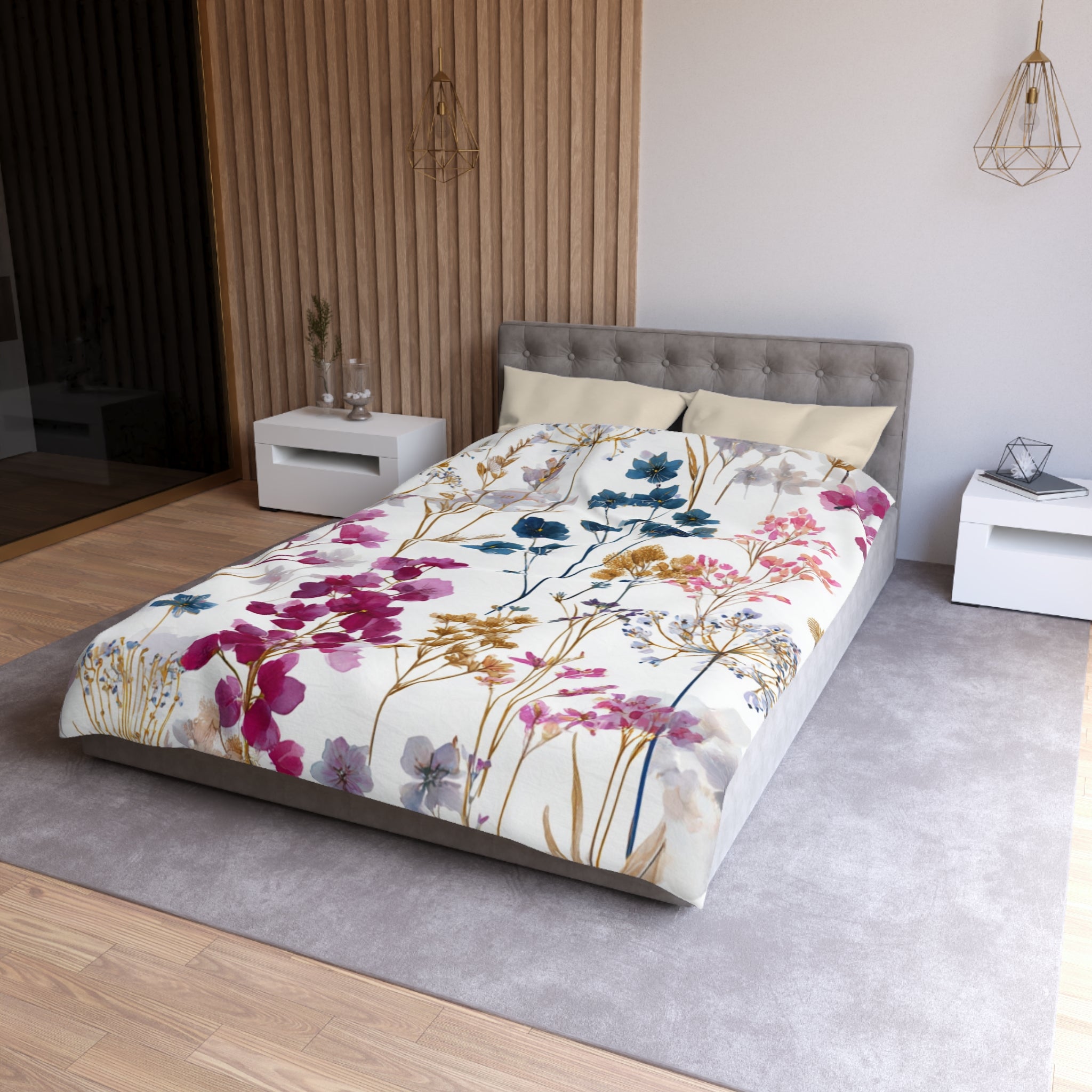 Floral Modern Duvet, Pillow Cover | White Pink Blue Bedroom Decor