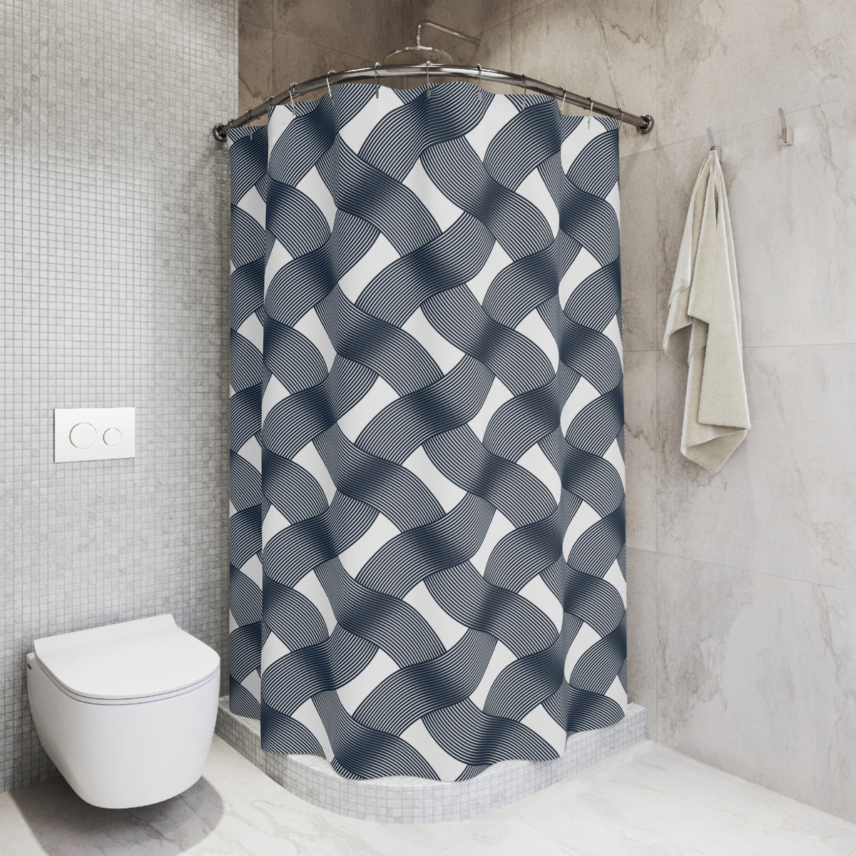 a modern bathroom with a shower curtain featuring a geometric pattern in shades of blue and white. The shower area is equipped with a curved shower head and a towel rack. The bathroom has a minimalist design with gray tiles on the walls and a white toilet.