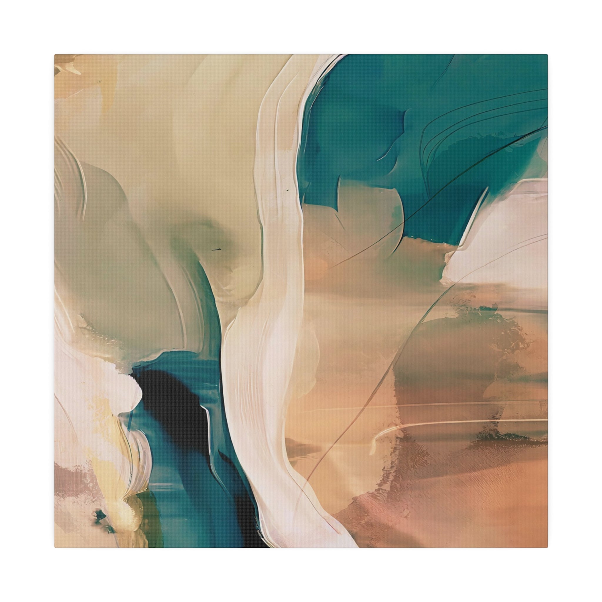 Earthy beige and teal abstract canvas art, gallery-wrap edge view