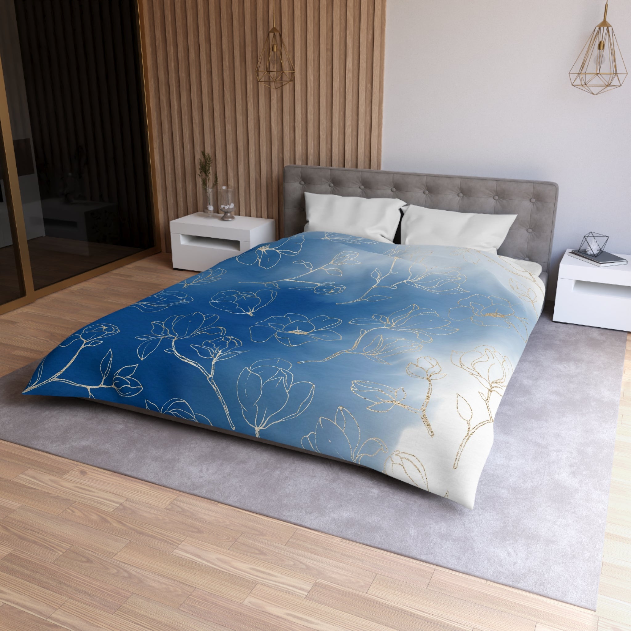 Abstract Duvet Cover | Floral Indigo Blue Ombre White | Bedroom Decor